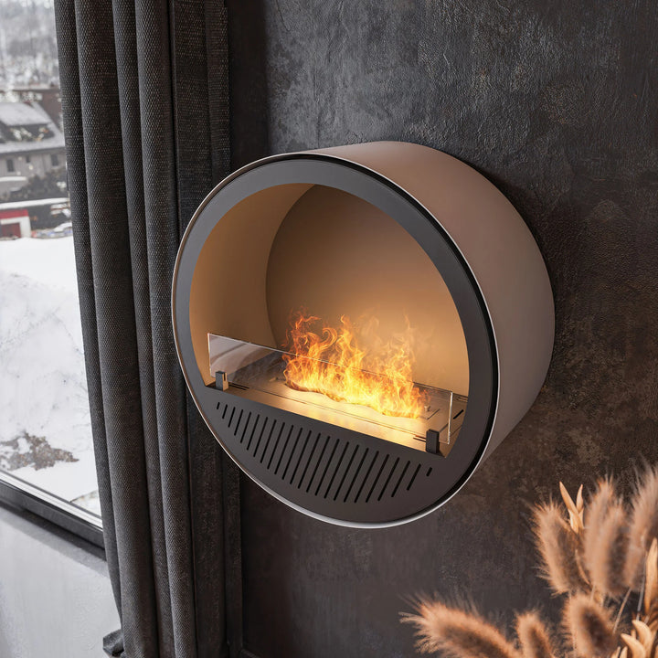 Bioethanol Wandkamin INCYCLE SLIM InFire SlimFire Schwarz Weiss Rund Wohnzimmer Nahaufnahme Flammen
