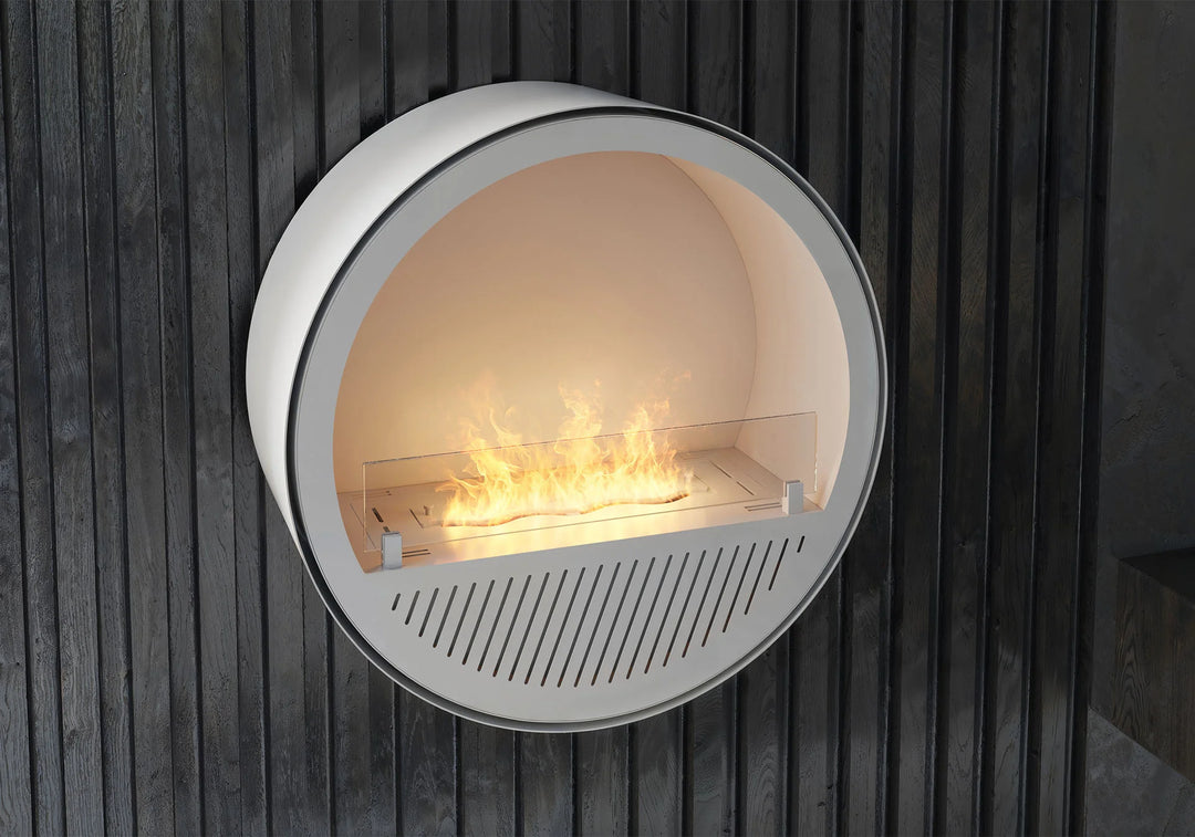 Bioethanol Wandkamin INCYCLE SLIM InFire SlimFire Weiss Rund mit Glas Wohnzimmer Modern Luxus Nahaufnahme
