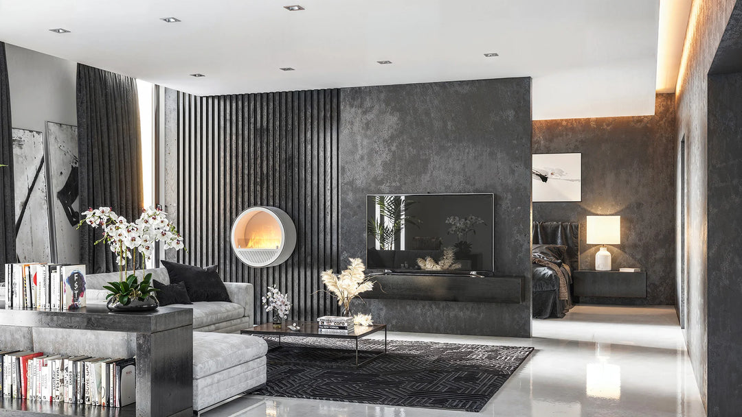 Bioethanol Wandkamin INCYCLE SLIM InFire SlimFire Weiss Rund mit Glas Wohnzimmer Modern Luxus neben TV