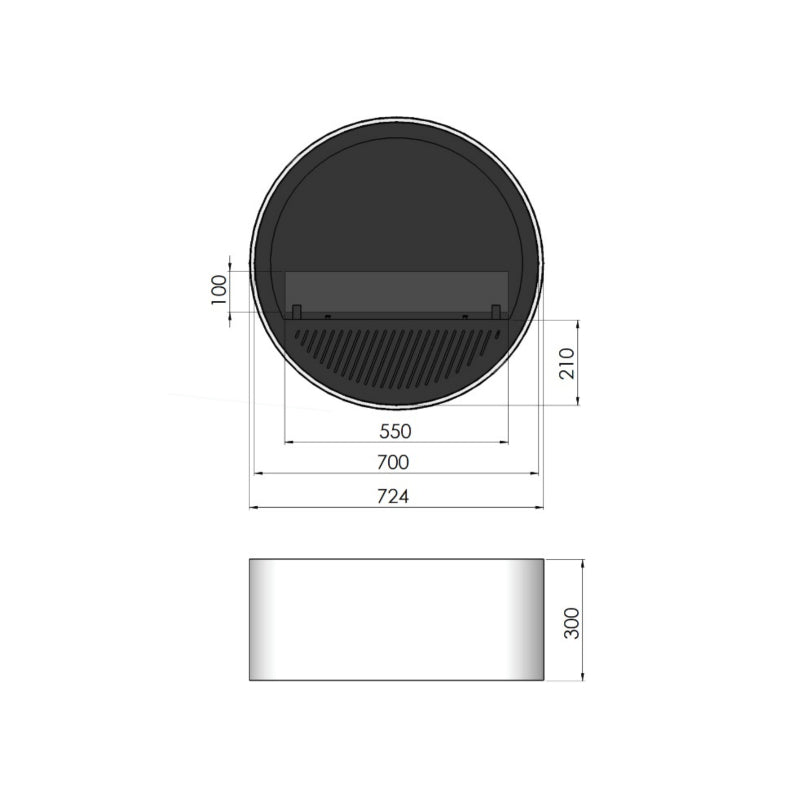 Technische Zeichnung Bioethanol Wandkamin INCYCLE SLIM InFire SlimFire Rund Bio Ethanol Wandofen Wandmontage Biokamin