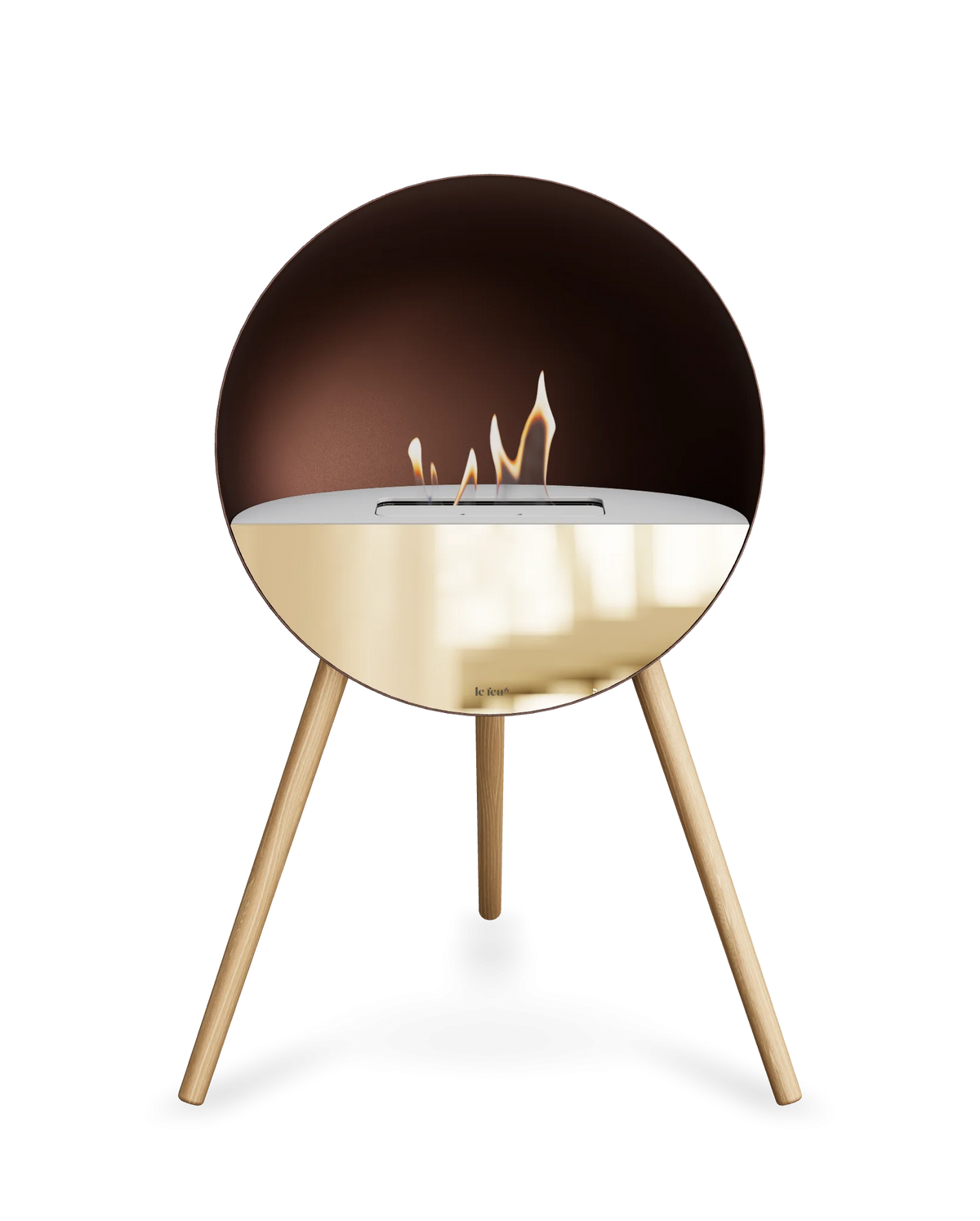 Bioethanol Standkamin Le Feu EYE freistehend in Mokka mit oberem Glas in Weiß, Frontglas in Roségold und Standfüßen aus seifenbehandelter Eiche