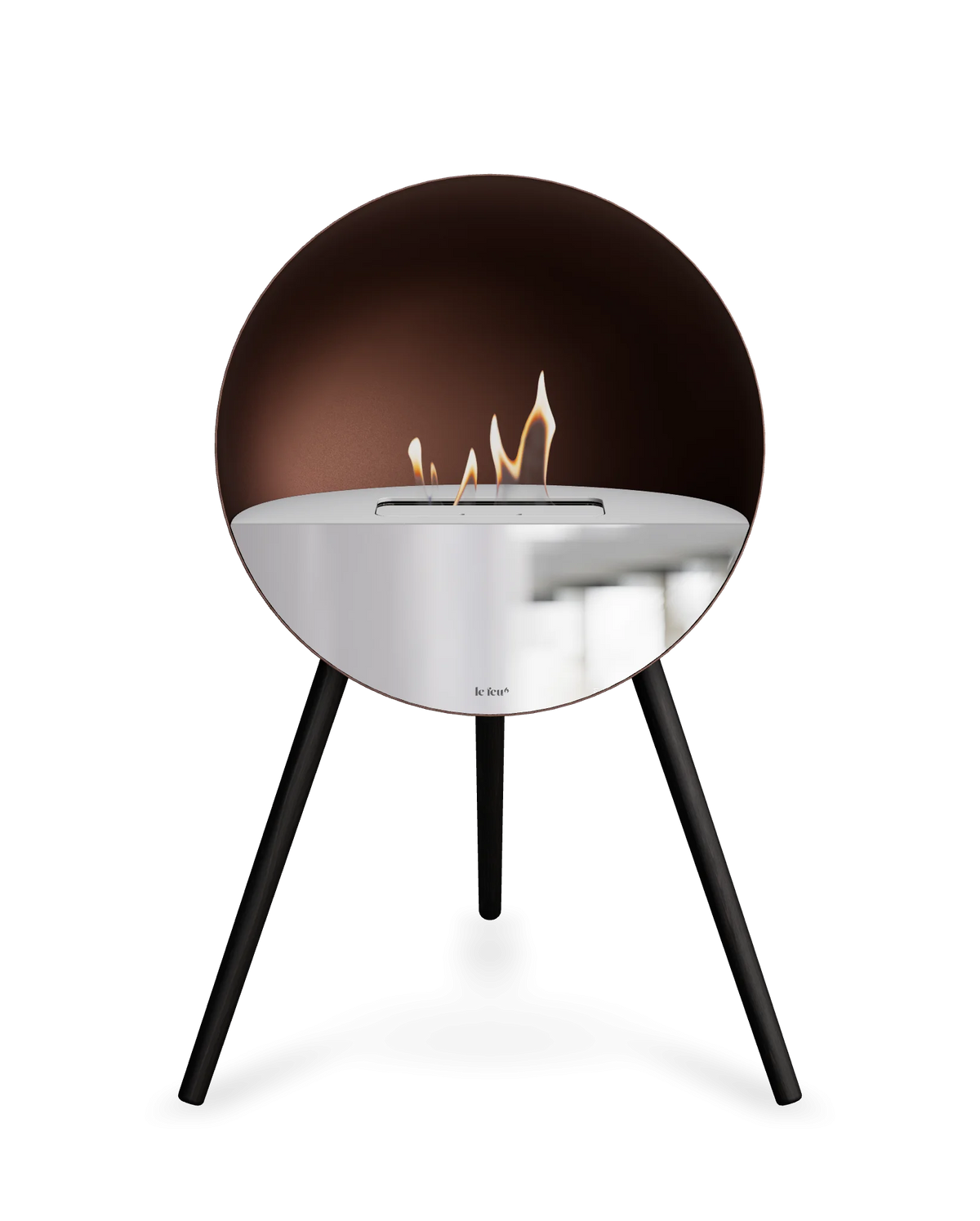 Bioethanol Standkamin Le Feu EYE freistehend in Mokka mit oberem Glas in Weiß, Frontglas in Spiegelglas und Standfüßen in Schwarz
