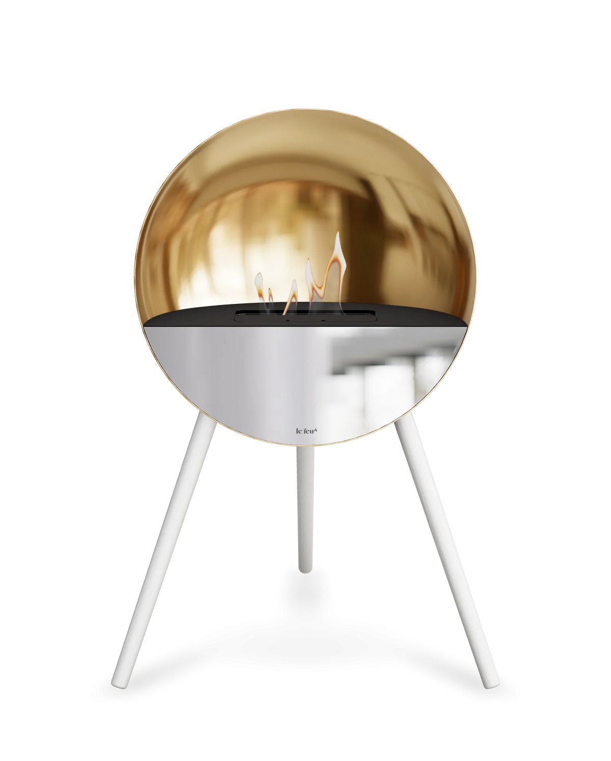 Bioethanol Standkamin Le Feu EYE freistehend in Roségold mit oberem Glas in Schwarz, Frontglas in Spiegelglas und Standfüßen in Weiß