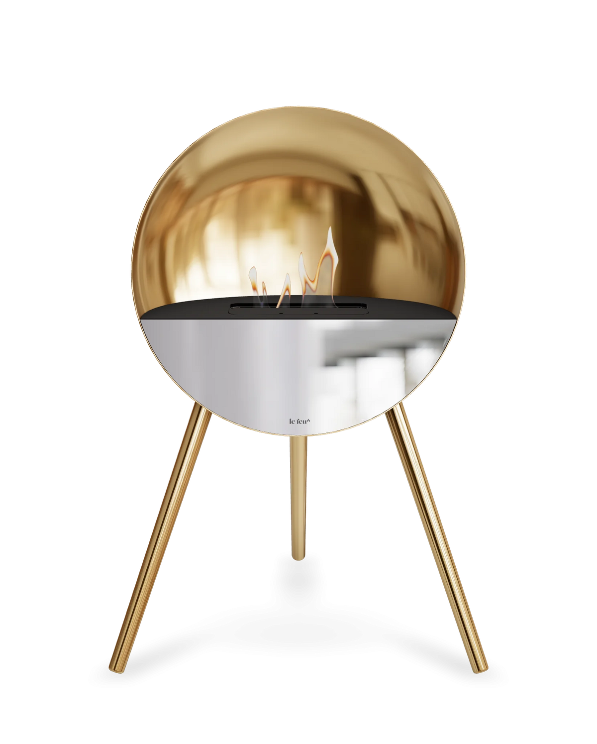 Bioethanol Standkamin Le Feu EYE freistehend in Roségold mit oberem Glas in Schwarz, Frontglas in Spiegelglas und Standfüßen in Roségold
