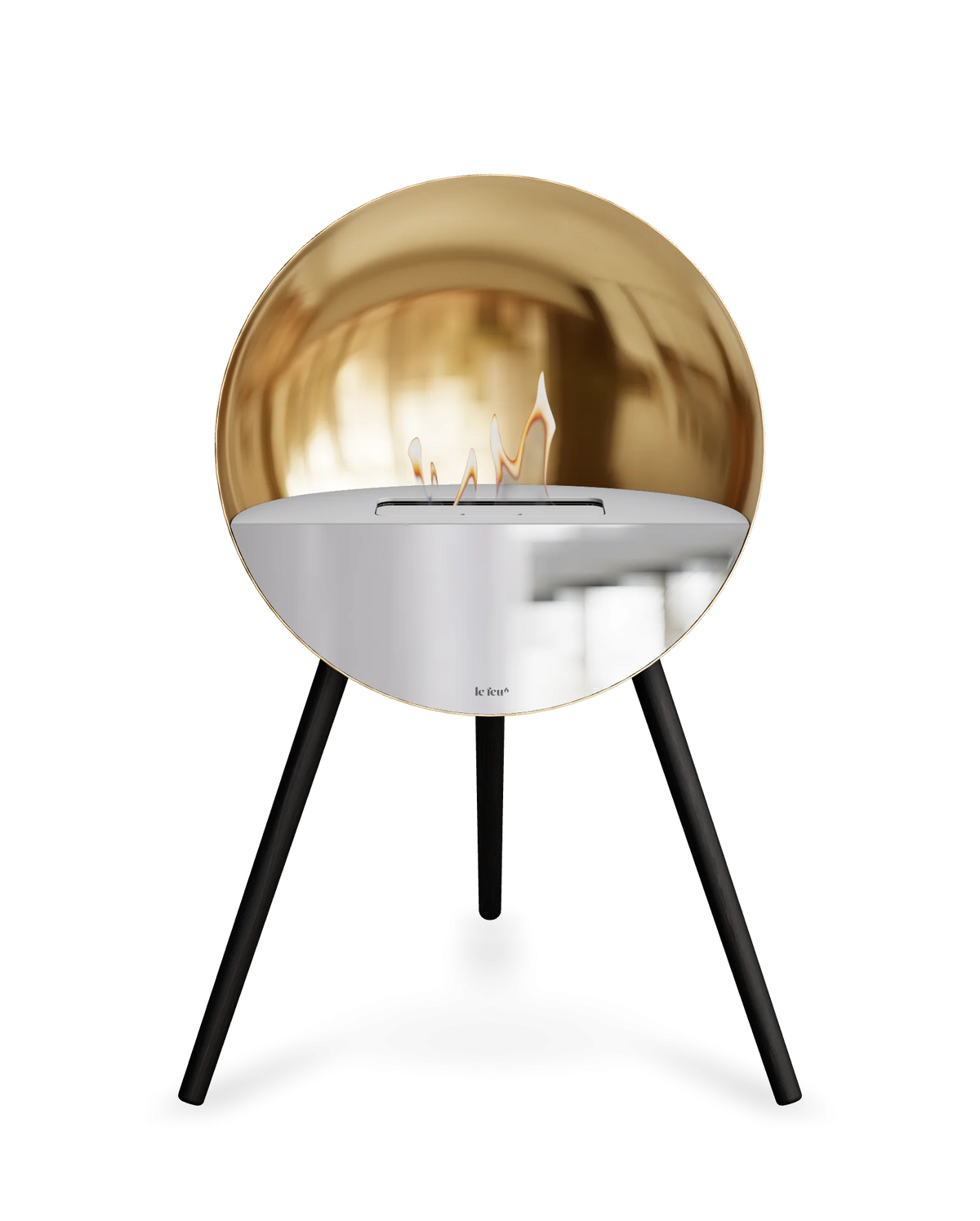Bioethanol Standkamin Le Feu EYE freistehend in Roségold mit oberem Glas in Weiß, Frontglas in Spiegelglas und Standfüßen in Schwarz