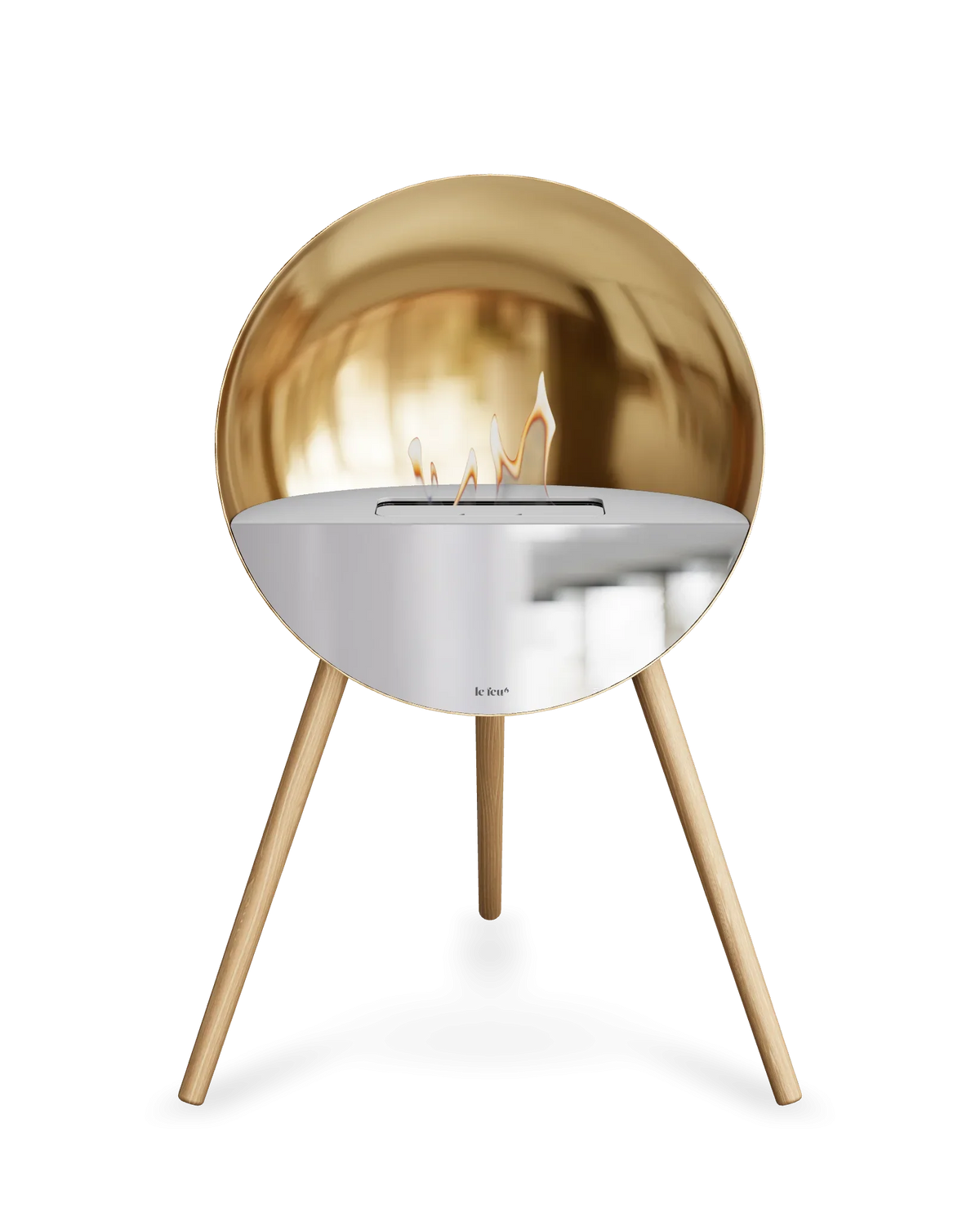 Bioethanol Standkamin Le Feu EYE freistehend in Roségold mit oberem Glas in Weiß, Frontglas in Spiegelglas und Standfüßen aus seifenbehandelter Eiche