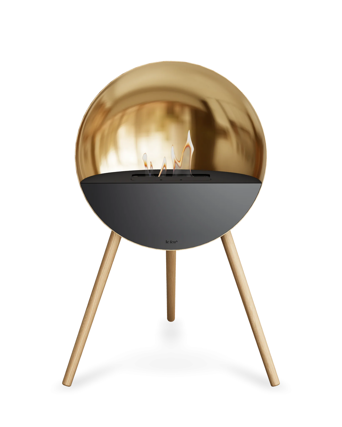 Bioethanol Standkamin Le Feu EYE freistehend in Roségold mit oberem Glas in Schwarz, Frontglas in Schwarz und Standfüßen aus seifenbehandelter Eiche