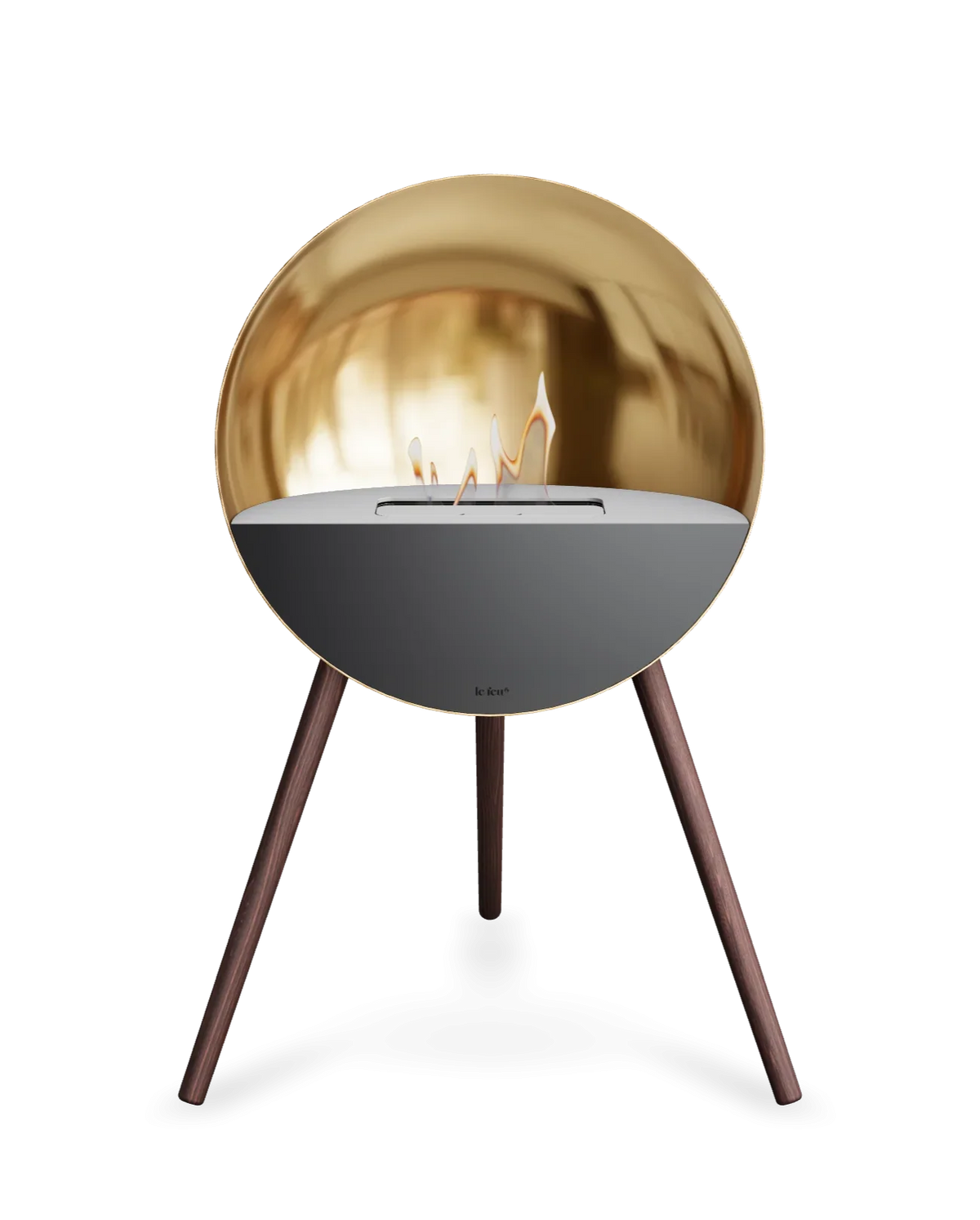Bioethanol Standkamin Le Feu EYE freistehend in Roségold mit oberem Glas in Weiß, Frontglas in Schwarz und Standfüßen aus geräucherter Eiche