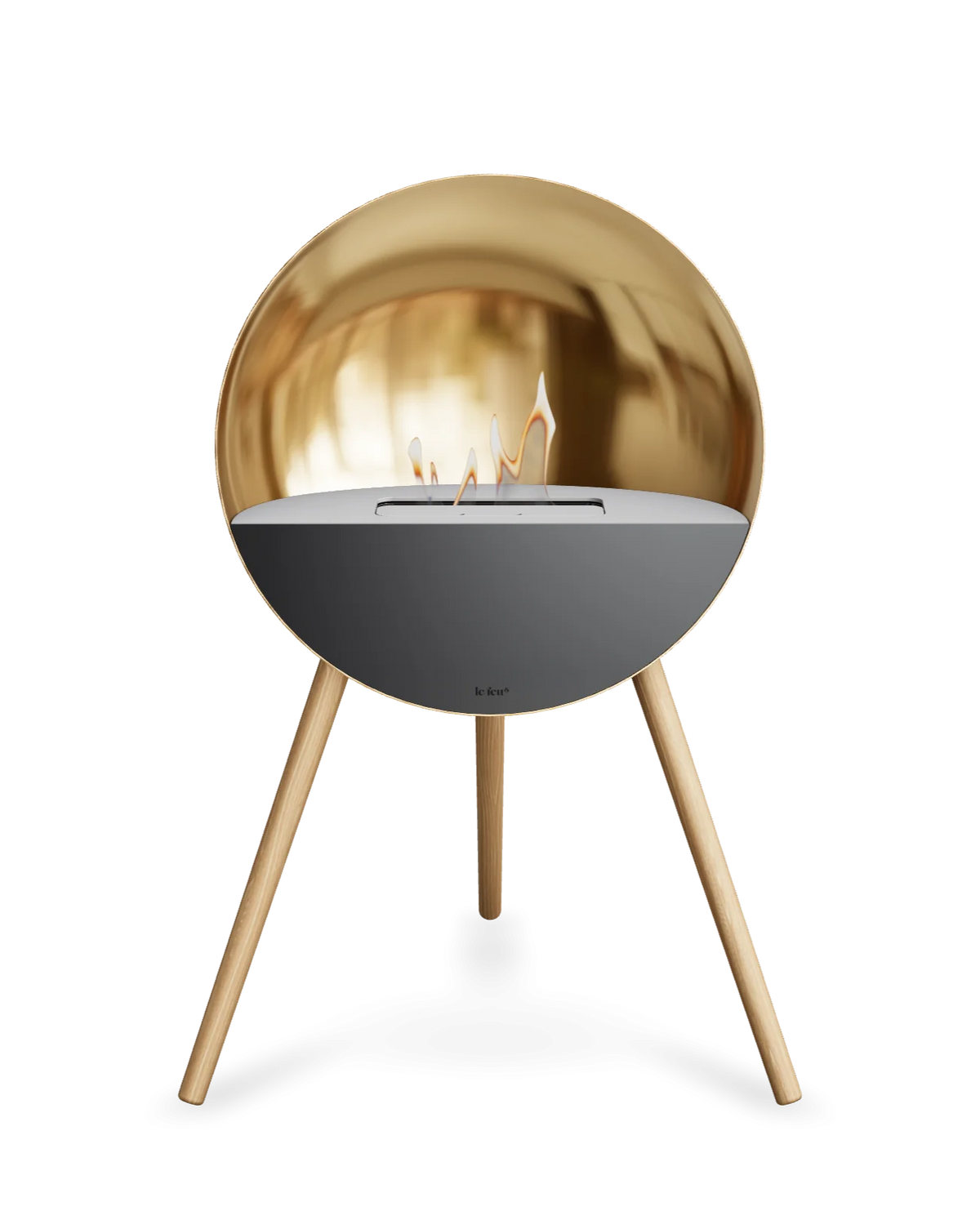Bioethanol Standkamin Le Feu EYE freistehend in Roségold mit oberem Glas in Weiß, Frontglas in Schwarz und Standfüßen aus seifenbehandelter Eiche