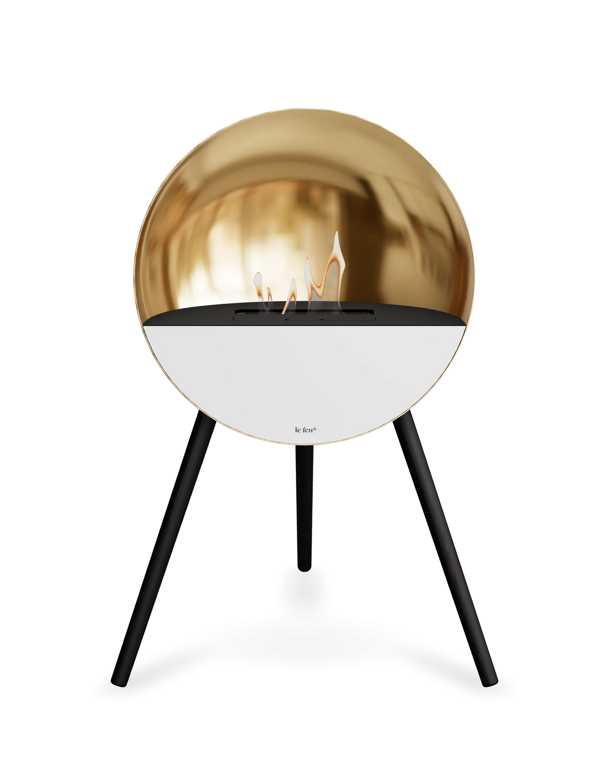 Bioethanol Standkamin Le Feu EYE freistehend in Roségold mit oberem Glas in Schwarz, Frontglas in Weiß und Standfüßen in Schwarz