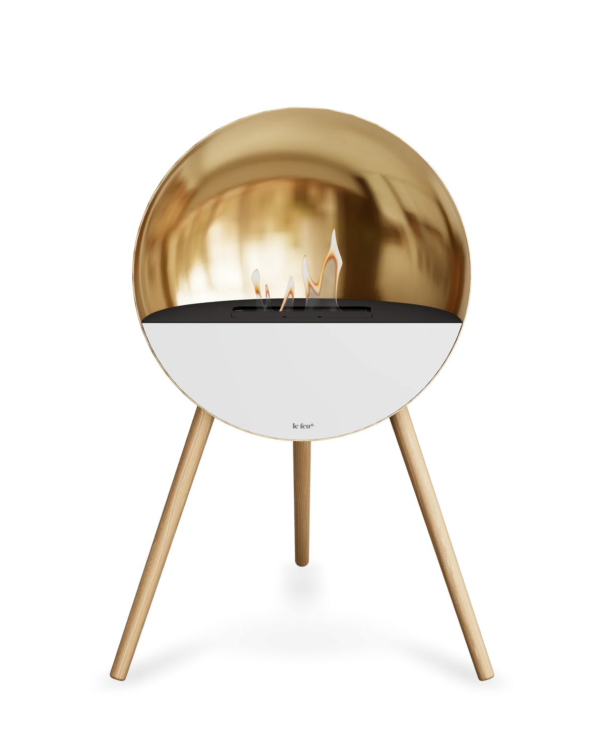 Bioethanol Standkamin Le Feu EYE freistehend in Roségold mit oberem Glas in Schwarz, Frontglas in Weiß und Standfüßen aus seifenbehandelter Eiche