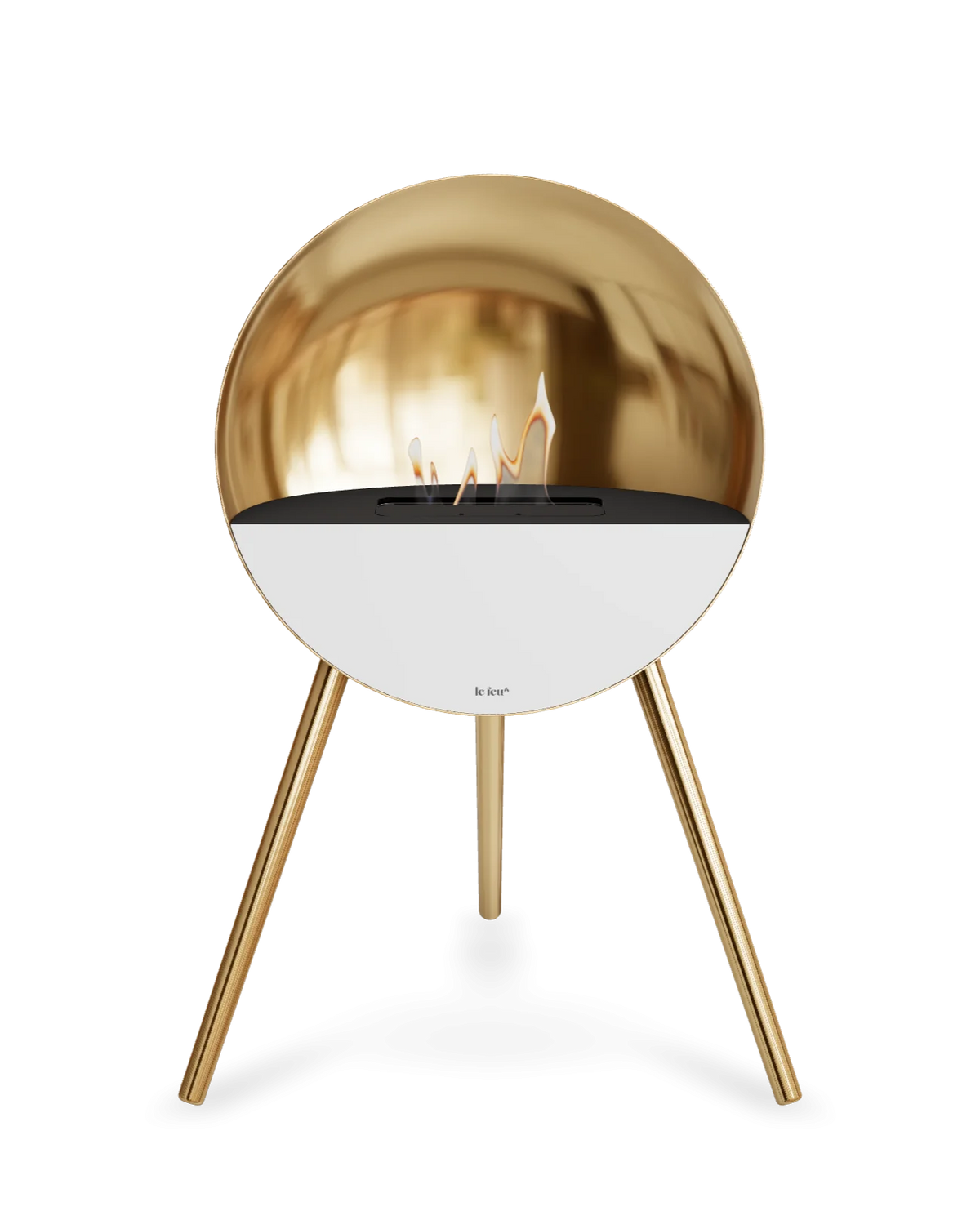 Bioethanol Standkamin Le Feu EYE freistehend in Roségold mit oberem Glas in Schwarz, Frontglas in Weiß und Standfüßen in Roségold
