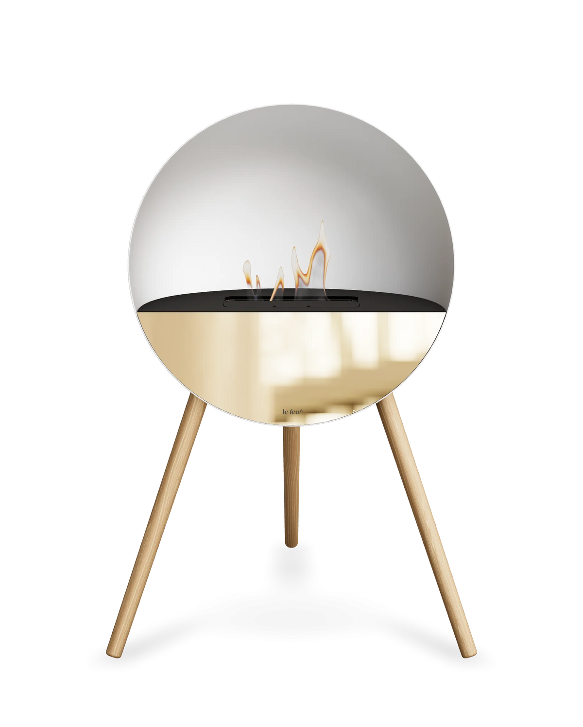 Bioethanol Standkamin Le Feu EYE freistehend in Weiß mit oberem Glas in Schwarz, Frontglas in Roségold und Standfüßen aus seifenbehandelter Eiche