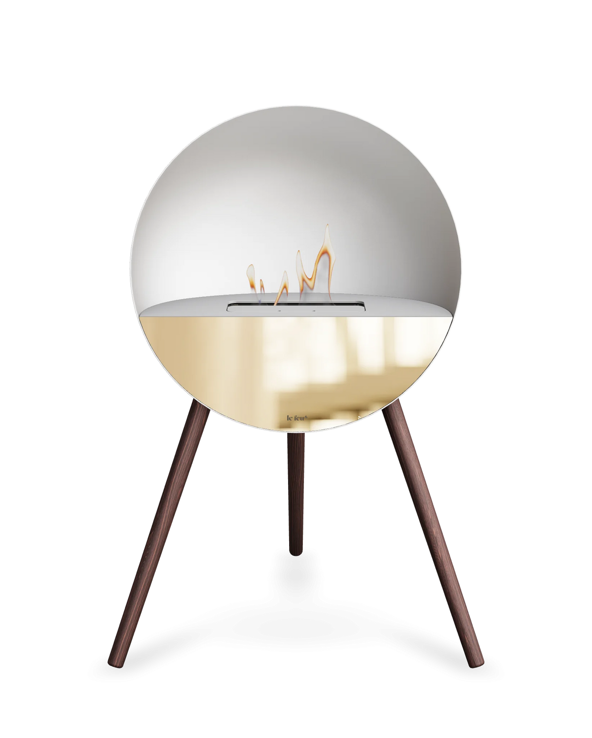 Bioethanol Standkamin Le Feu EYE freistehend in Weiß mit oberem Glas in Weiß, Frontglas in Roségold und Standfüßen aus geräucherter Eiche