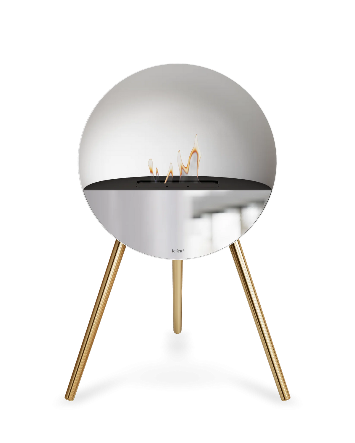 Bioethanol Standkamin Le Feu EYE freistehend in Weiß mit oberem Glas in Schwarz, Frontglas in Spiegelglas und Standfüßen in Roségold