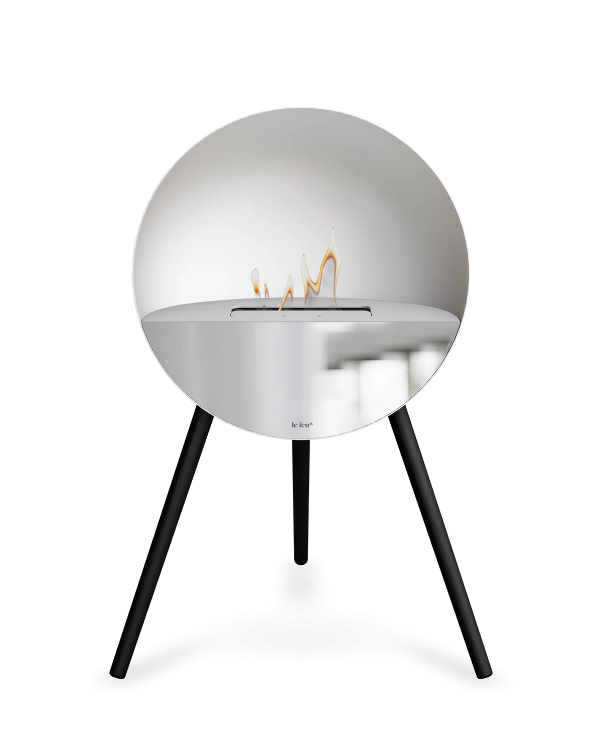 Bioethanol Standkamin Le Feu EYE freistehend in Weiß mit oberem Glas in Weiß, Frontglas in Spiegelglas und Standfüßen in Schwarz