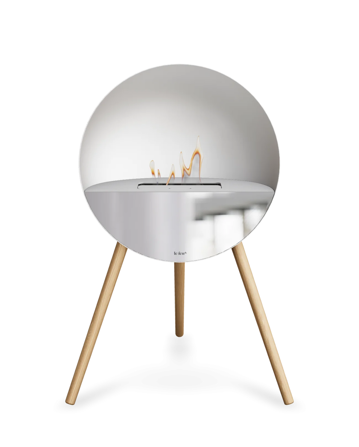 Bioethanol Standkamin Le Feu EYE freistehend in Weiß mit oberem Glas in Weiß, Frontglas in Spiegelglas und Standfüßen aus seifenbehandelter Eiche