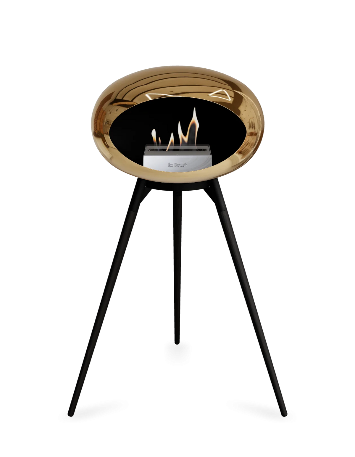 Bioethanol Standkamin Le Feu GROUND HIGH freistehend in Chrom Roségold mit Brennschale in Schwarz, Standfüßen aus schwarzer Eiche und Brenner in Edelstahl