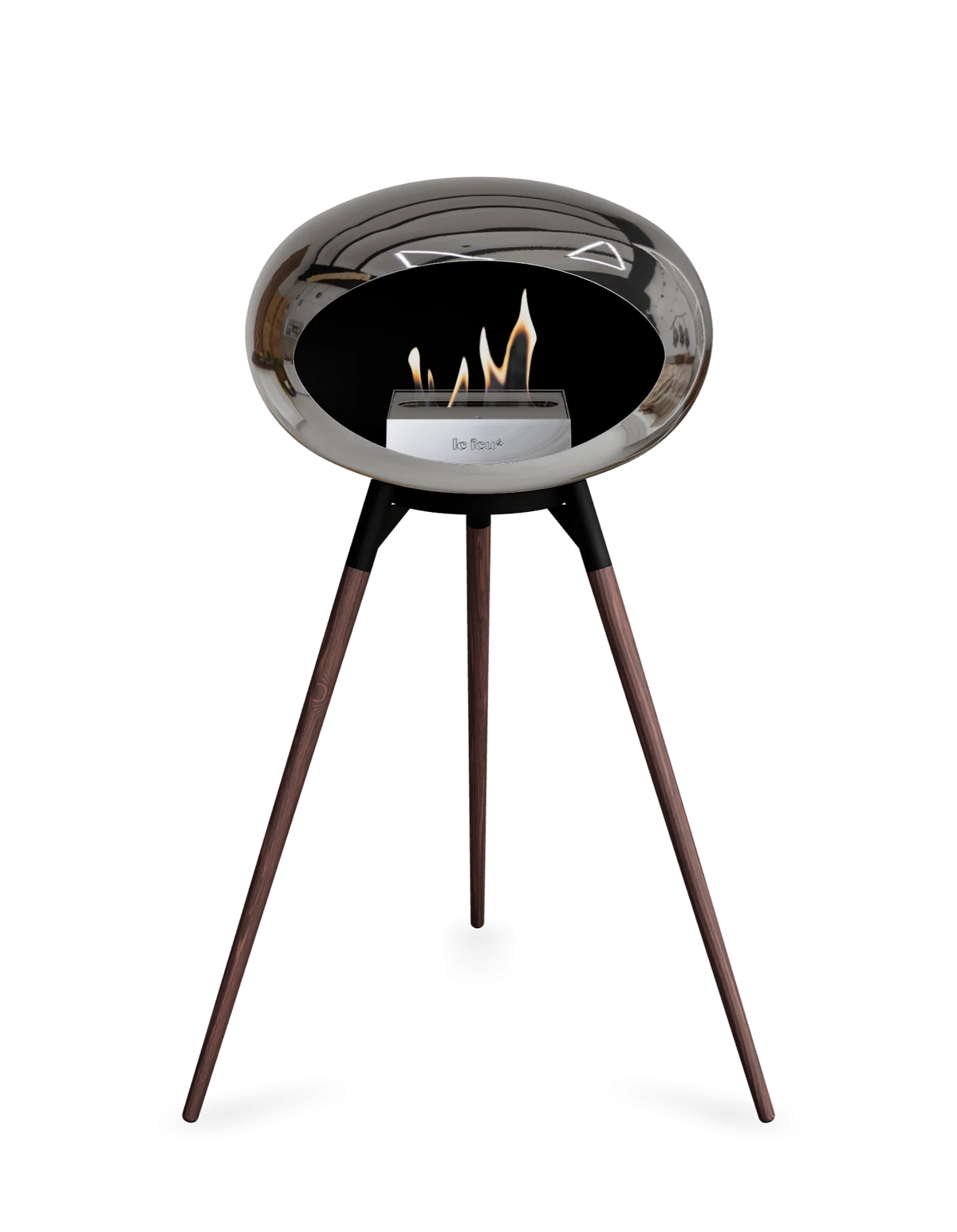 Bioethanol Standkamin Le Feu GROUND HIGH freistehend in Chrom Silber mit Brennschale in Schwarz, Standfüßen aus geräucherter Eiche und Brenner in Edelstahl