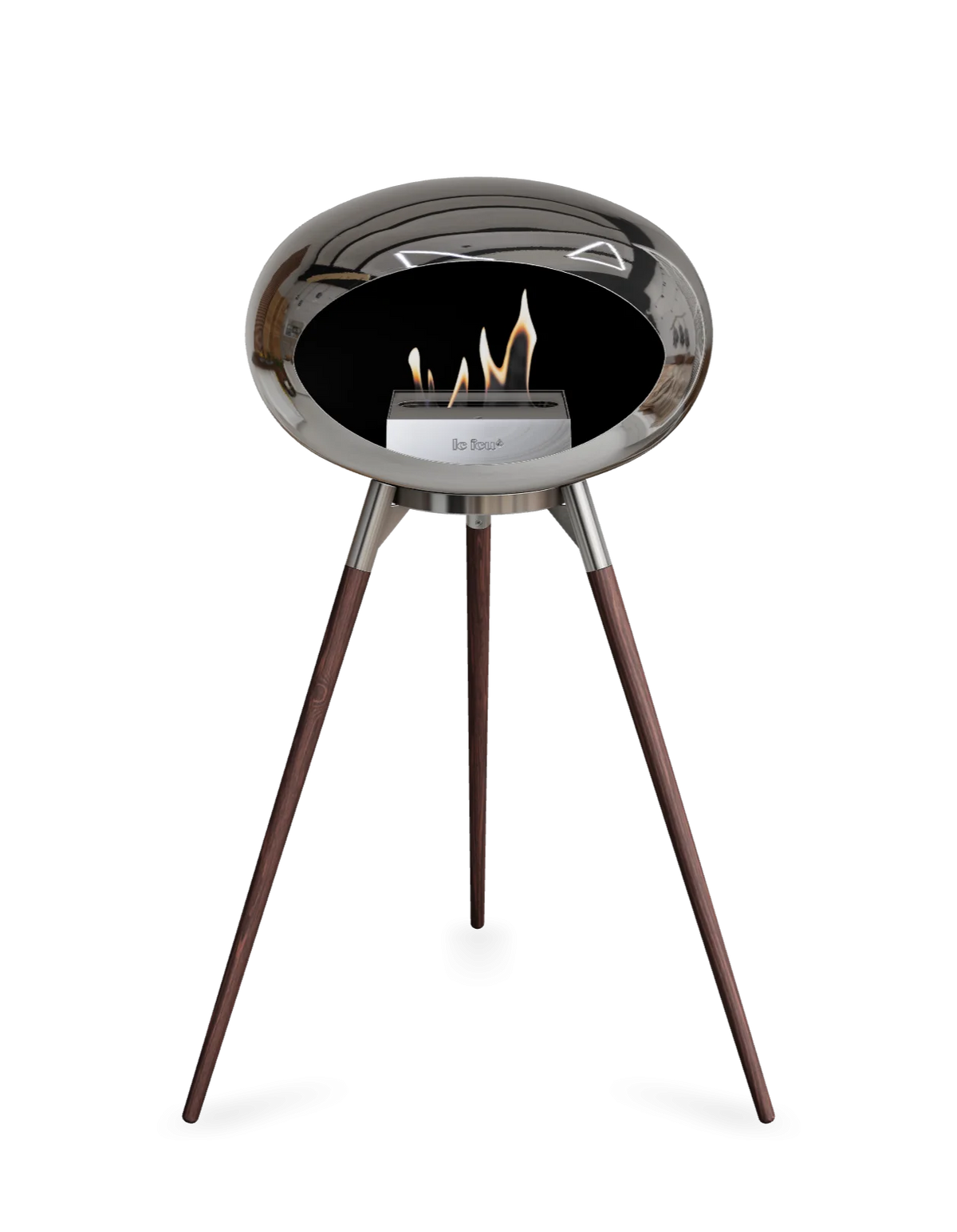 Bioethanol Standkamin Le Feu GROUND HIGH freistehend in Chrom Silber mit Brennschale in Edelstahl, Standfüßen aus geräucherter Eiche und Brenner in Edelstahl