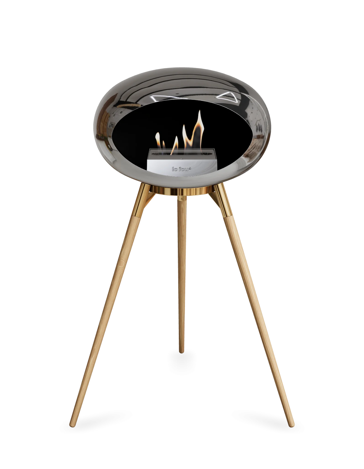 Bioethanol Standkamin Le Feu GROUND HIGH freistehend in Chrom Silber mit Brennschale in Roségold, Standfüßen aus seifenbehandelter Eiche und Brenner in Edelstahl