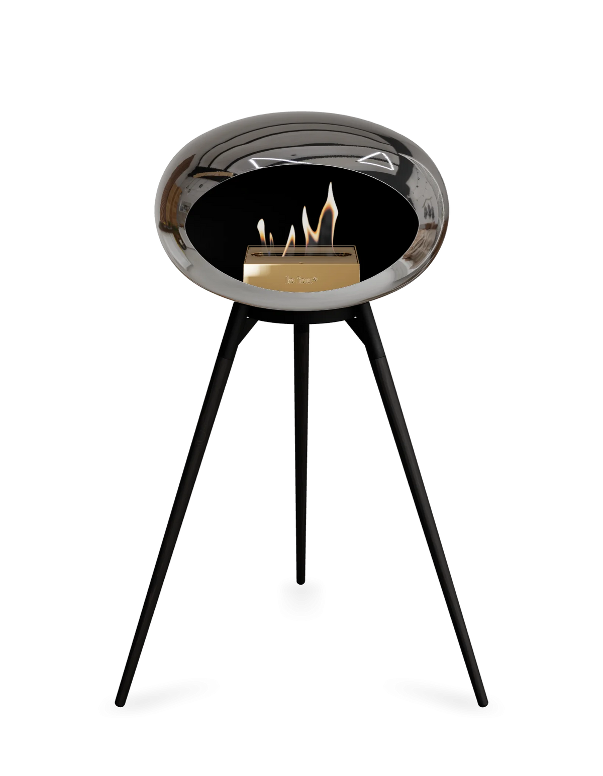 Bioethanol Standkamin Le Feu GROUND HIGH freistehend in Chrom Silber mit Brennschale in Schwarz, Standfüßen aus schwarzer Eiche und Brenner in Roségold