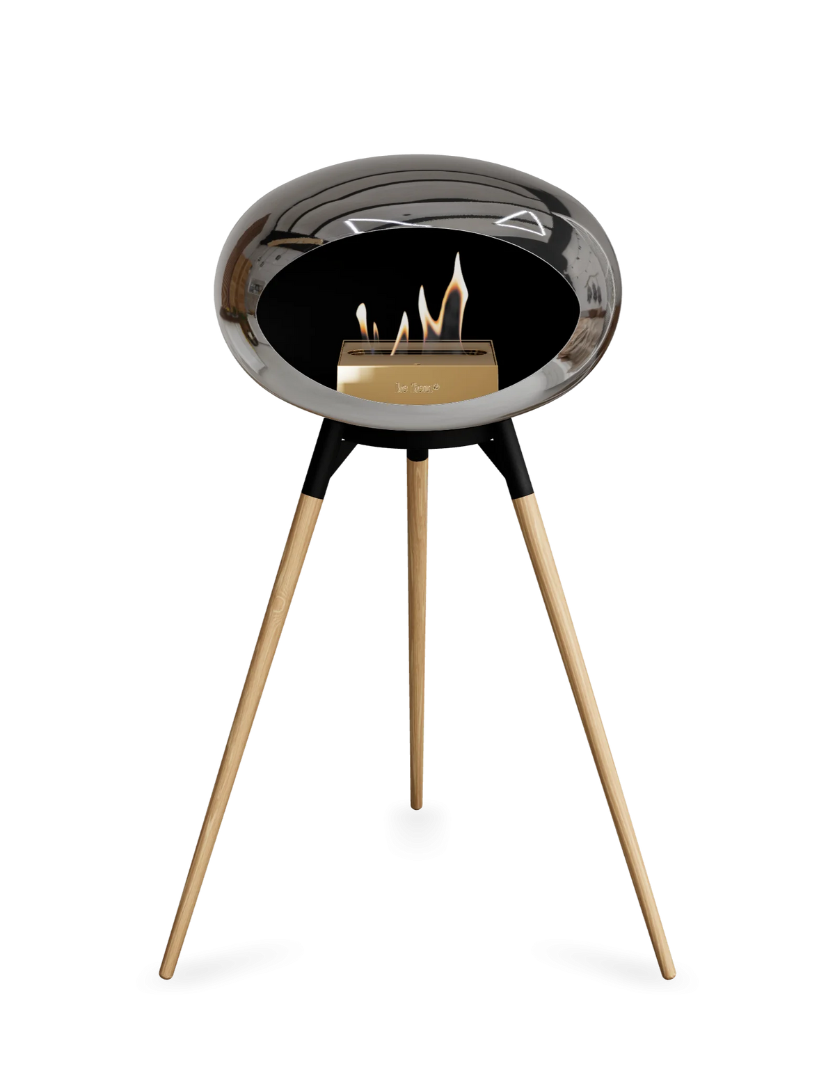 Bioethanol Standkamin Le Feu GROUND HIGH freistehend in Chrom Silber mit Brennschale in Schwarz, Standfüßen aus seifenbehandelter Eiche und Brenner in Roségold