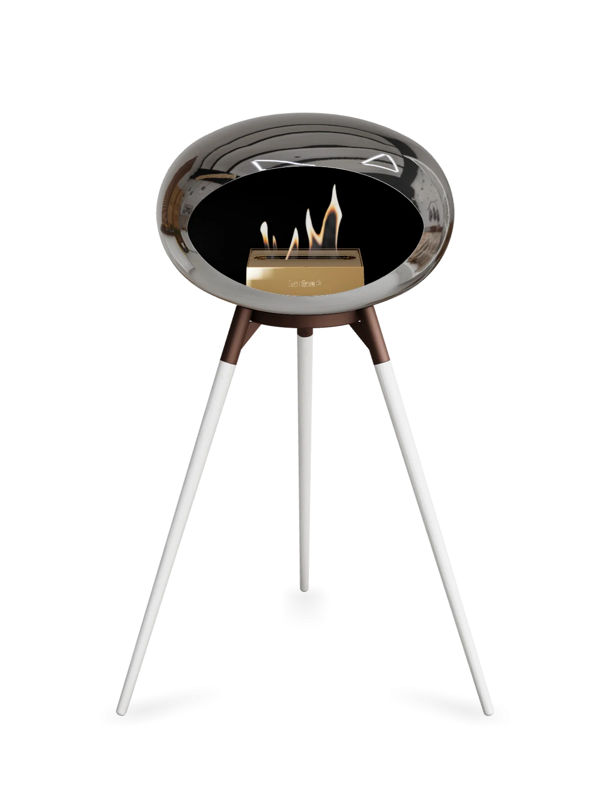 Bioethanol Standkamin Le Feu GROUND HIGH freistehend in Chrom Silber mit Brennschale in Mokka, Standfüßen aus weißer Eiche und Brenner in Roségold