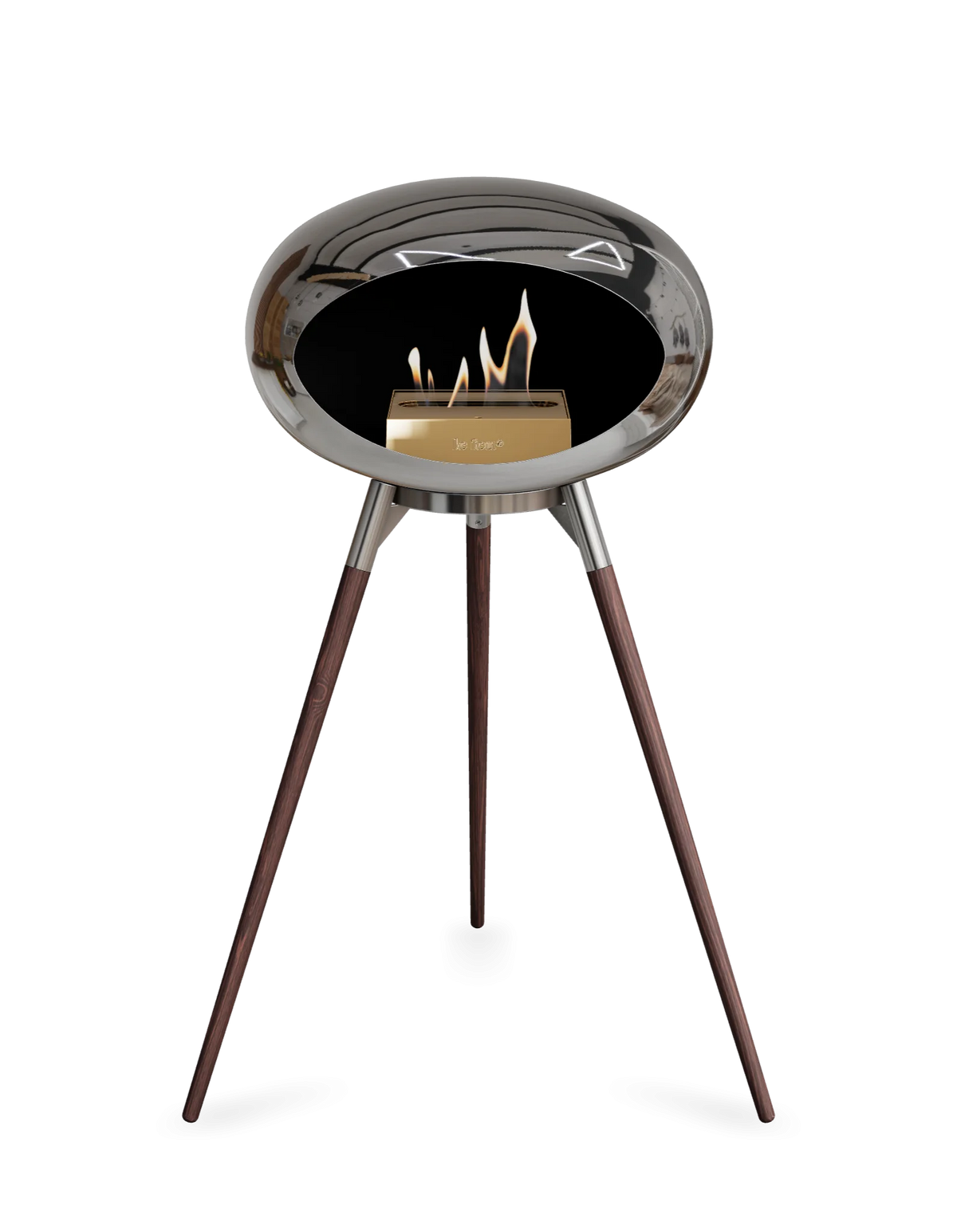 Bioethanol Standkamin Le Feu GROUND HIGH freistehend in Chrom Silber mit Brennschale in Edelstahl, Standfüßen aus geräucherter Eiche und Brenner in Roségold