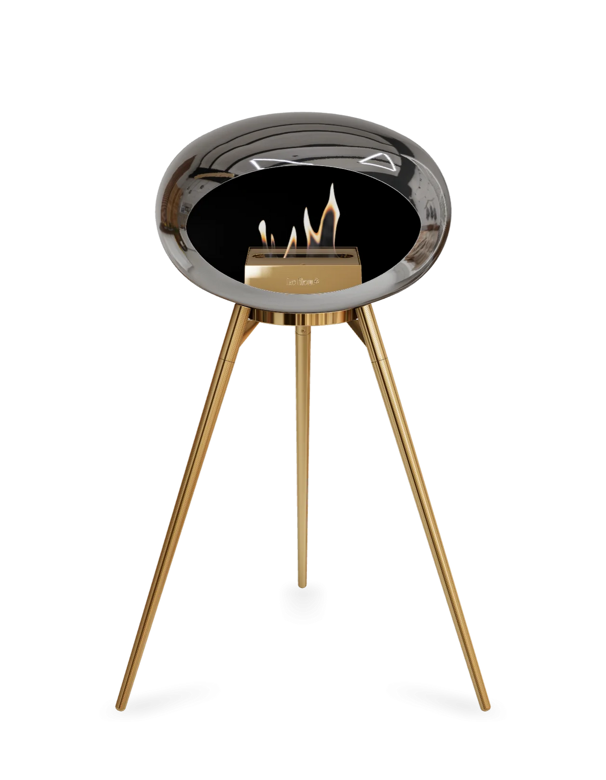 Bioethanol Standkamin Le Feu GROUND HIGH freistehend in Chrom Silber mit Brennschale, Standfüßen und Brenner in Roségold