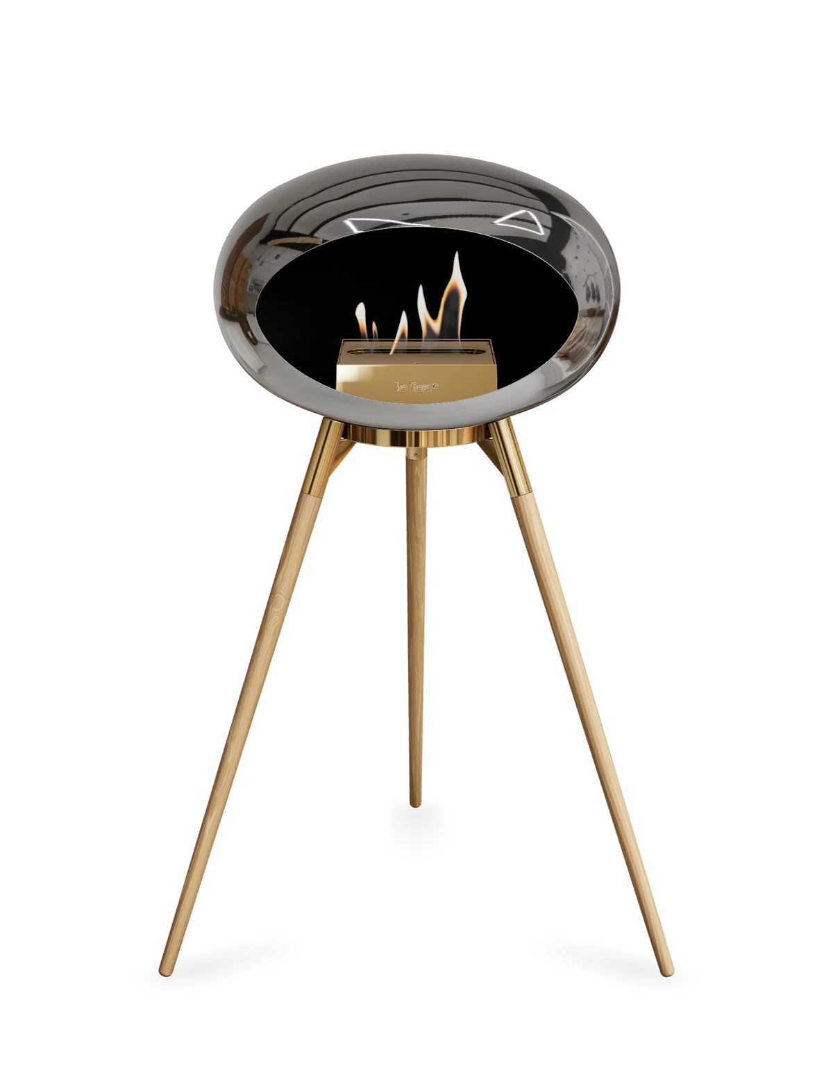 Bioethanol Standkamin Le Feu GROUND HIGH freistehend in Chrom Silber mit Brennschale in Roségold, Standfüßen aus seifenbehandelter Eiche und Brenner in Roségold