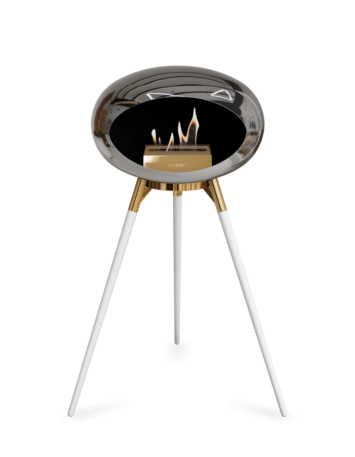 Bioethanol Standkamin Le Feu GROUND HIGH freistehend in Chrom Silber mit Brennschale in Roségold, Standfüßen aus weißer Eiche und Brenner in Roségold