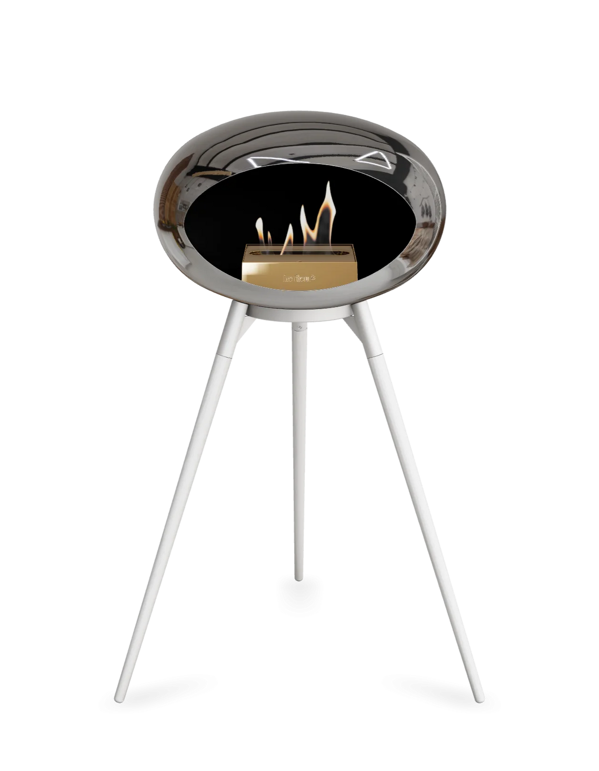 Bioethanol Standkamin Le Feu GROUND HIGH freistehend in Chrom Silber mit Brennschale in Weiß, Standfüßen aus weißer Eiche und Brenner in Roségold