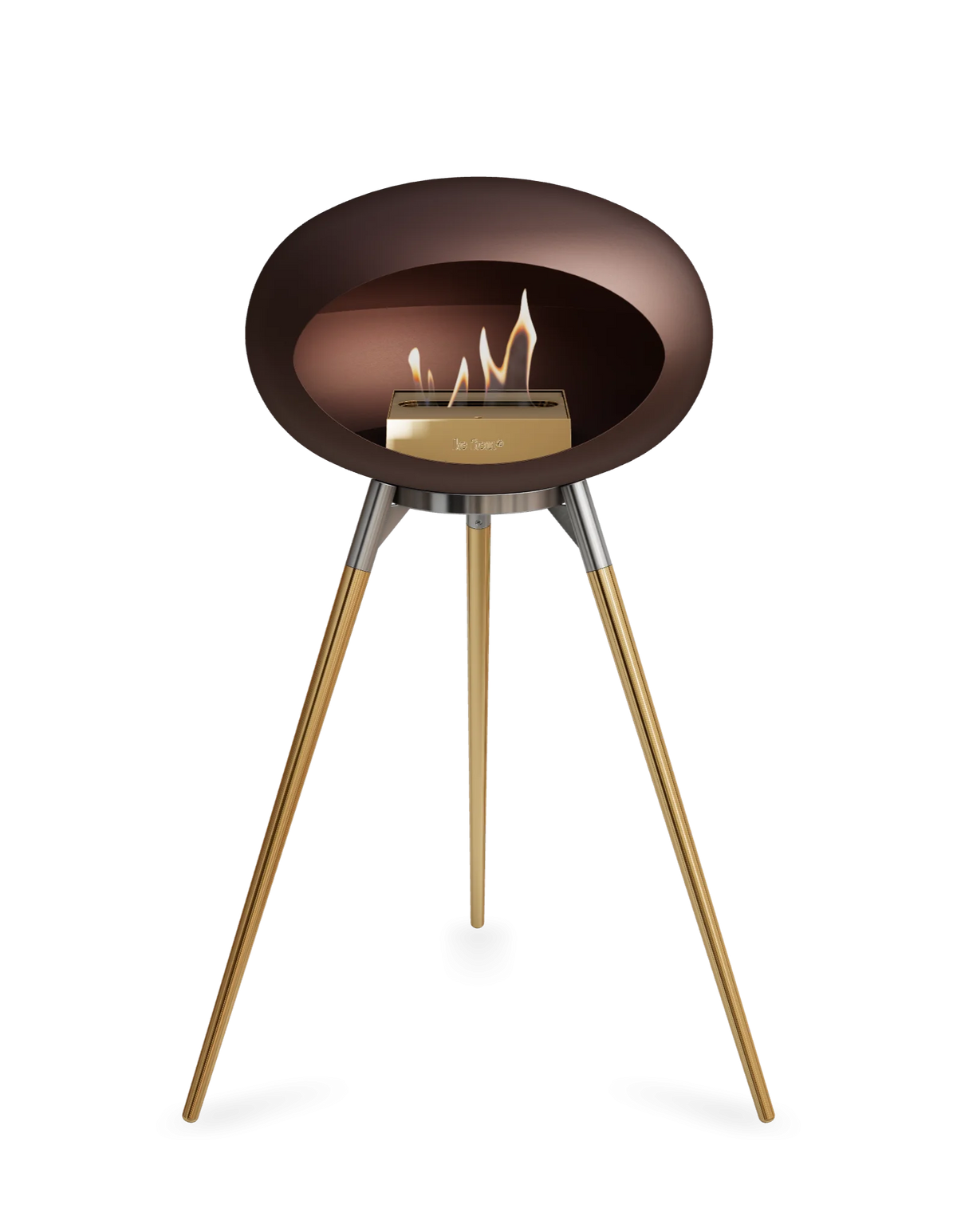 Bioethanol Standkamin Le Feu GROUND HIGH freistehend in Mokka mit Brennschale in Edelstahl, Standfüßen in Roségold und Brenner in Roségold