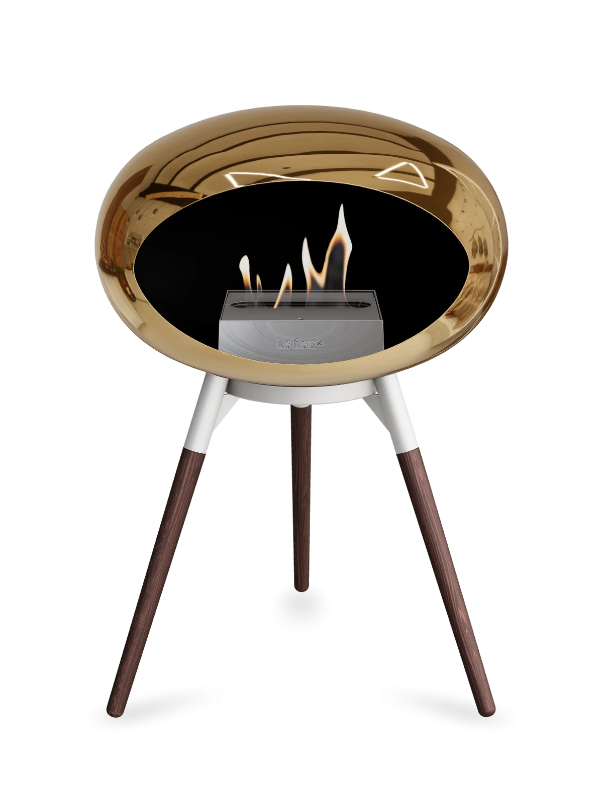 Bioethanol Standkamin Le Feu GROUND LOW freistehend in Chrom Roségold mit Brennschale in Weiß, Standfüßen aus geräucherter Eiche und Brenner in Edelstahl