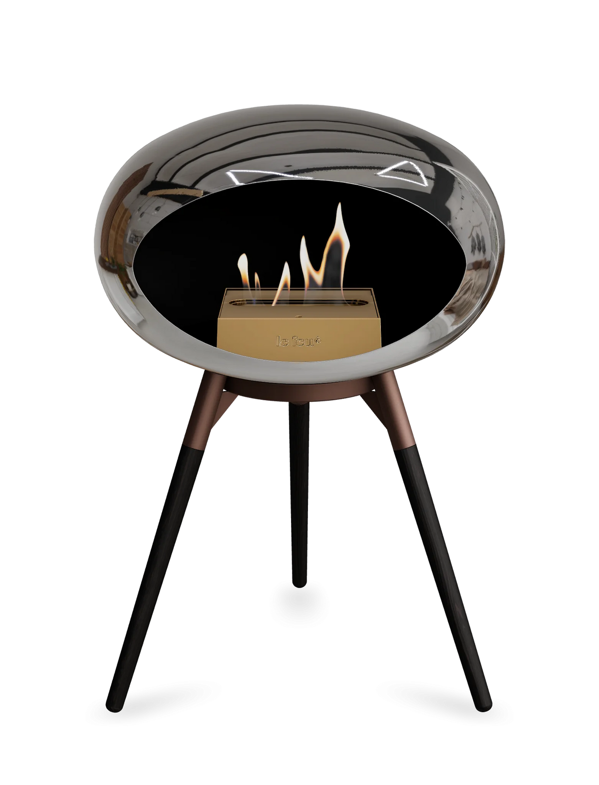 Bioethanol Standkamin Le Feu GROUND LOW freistehend in Chrom Silber mit Brennschale in Mokka, Standfüßen aus schwarzer Eiche und Brenner in Roségold
