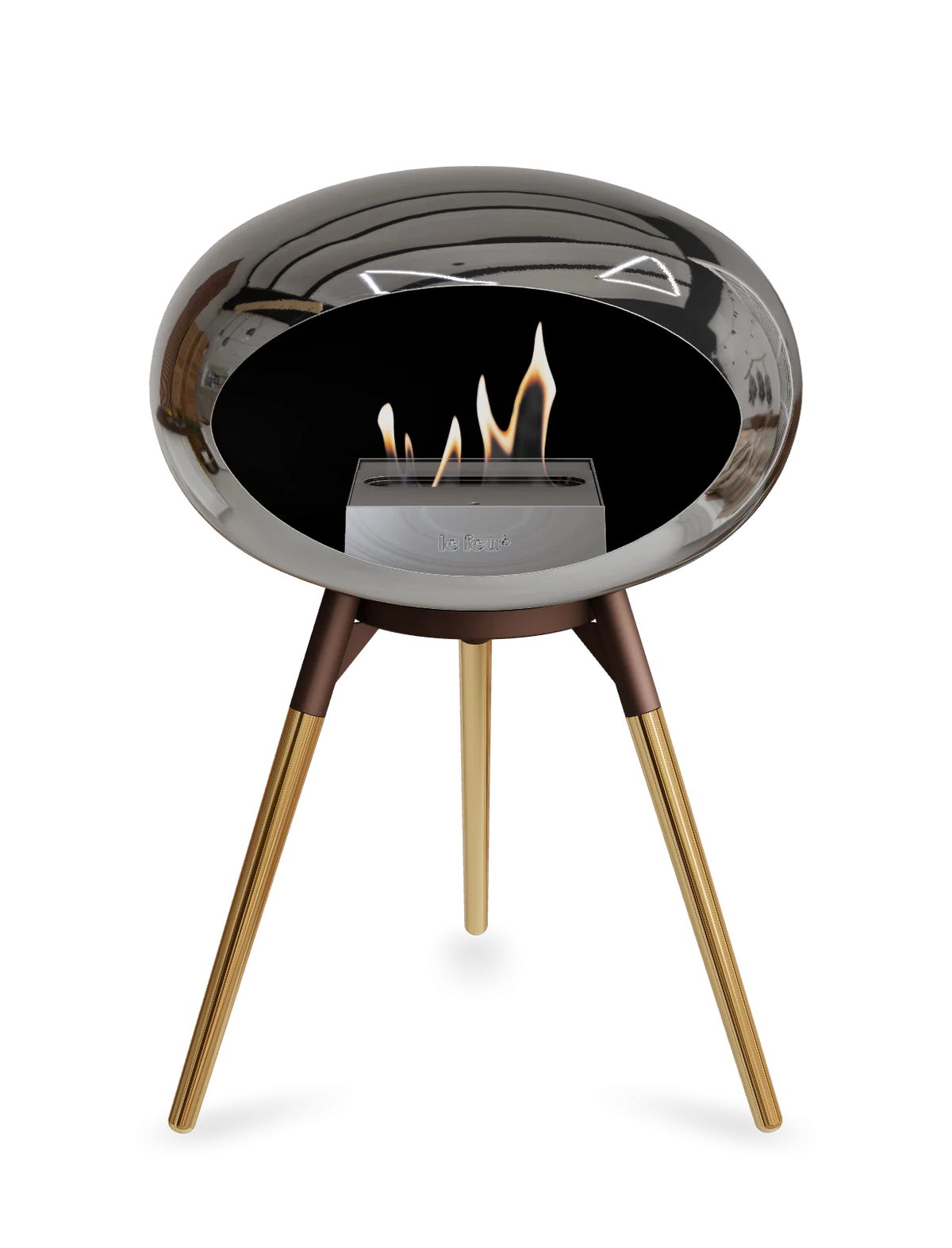 Bioethanol Standkamin Le Feu GROUND LOW freistehend in Chrom Silber mit Brennschale in Mokka, Standfüßen in Roségold und Brenner in Edelstahl
