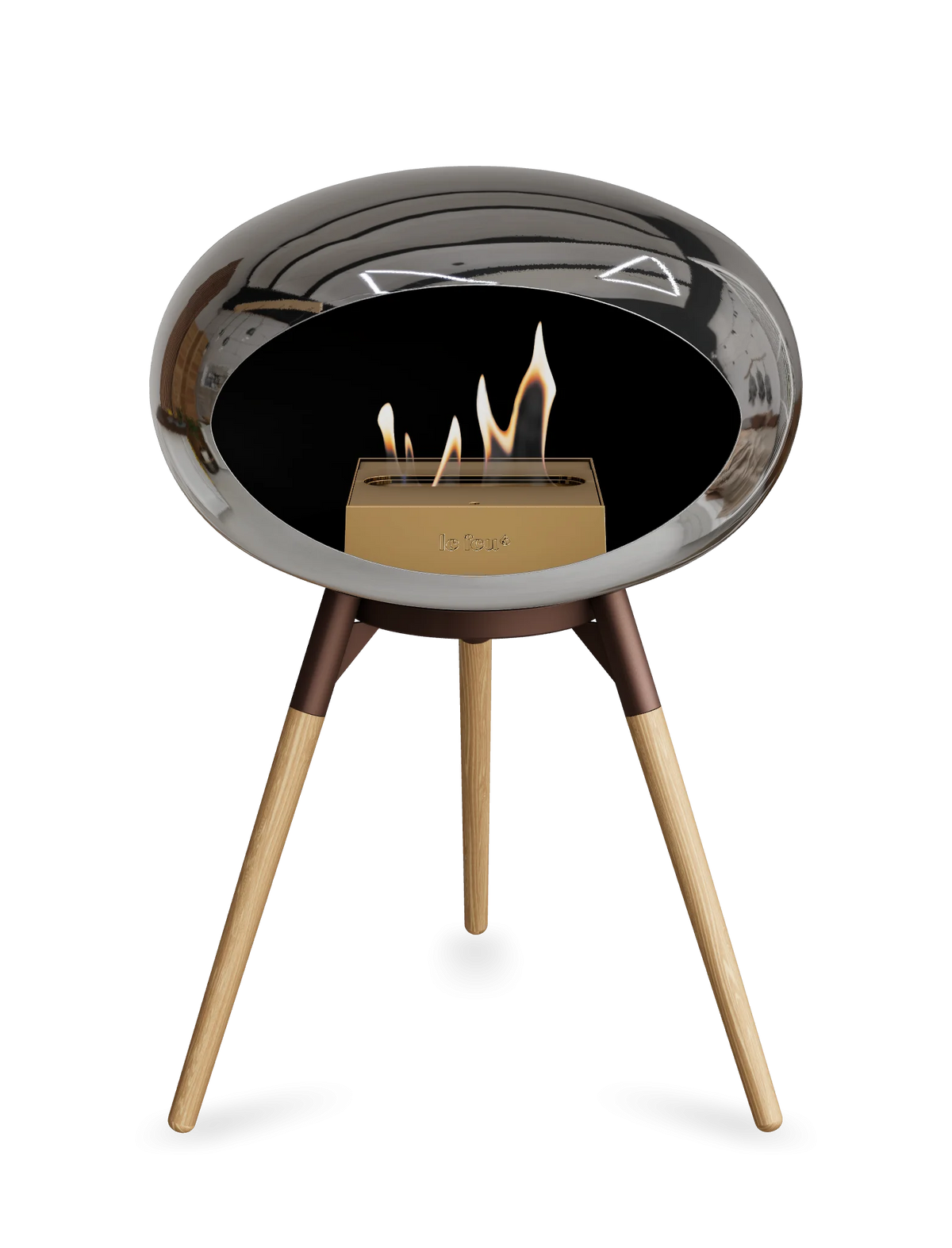 Bioethanol Standkamin Le Feu GROUND LOW freistehend in Chrom Silber mit Brennschale in Mokka, Standfüßen aus seifenbehandelter Eiche und Brenner in Roségold