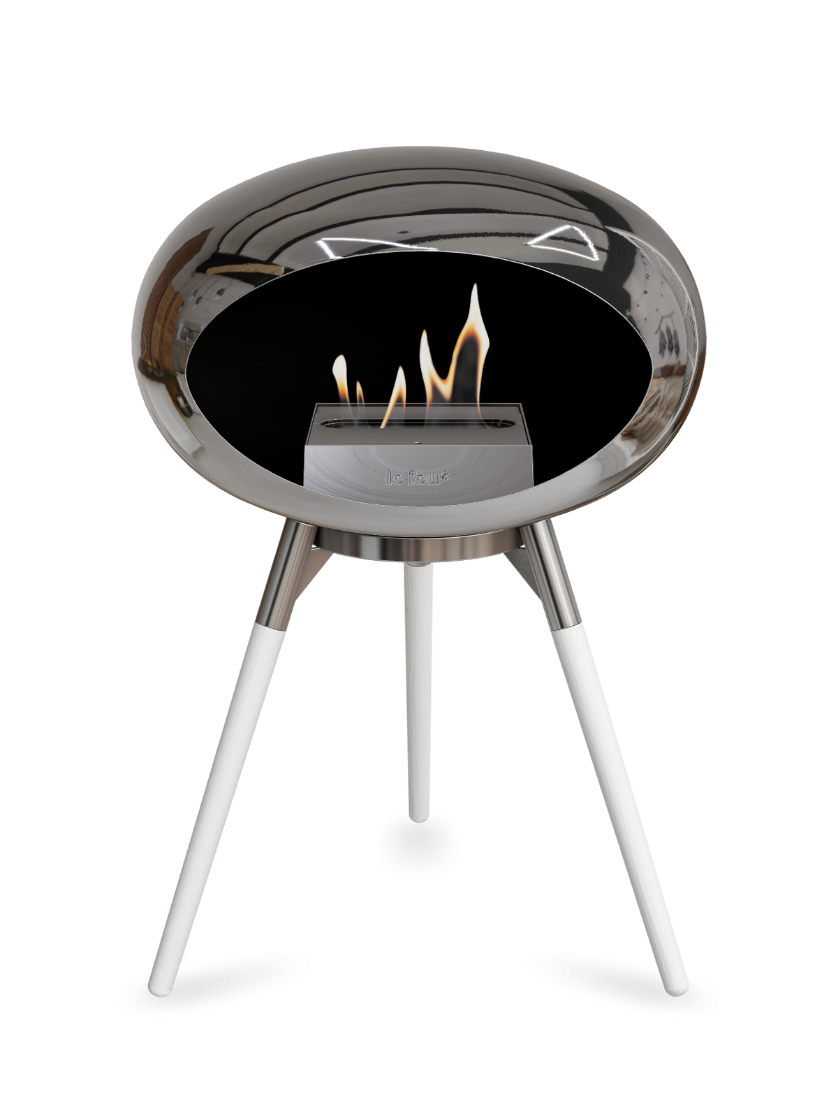 Bioethanol Standkamin Le Feu GROUND LOW freistehend in Chrom Silber mit Brennschale in Edelstahl, Standfüßen aus weißer Eiche und Brenner in Edelstahl