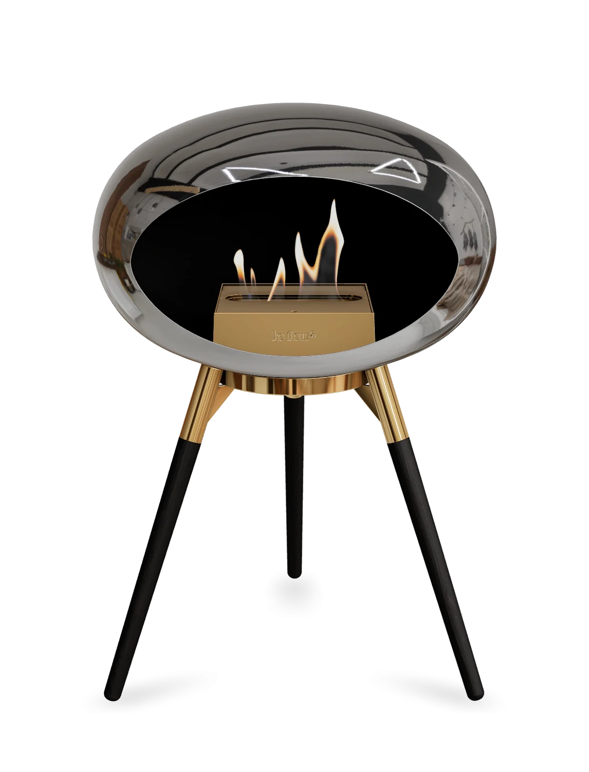 Bioethanol Standkamin Le Feu GROUND LOW freistehend in Chrom Silber mit Brennschale in Roségold, Standfüßen aus schwarzer Eiche und Brenner in Roségold