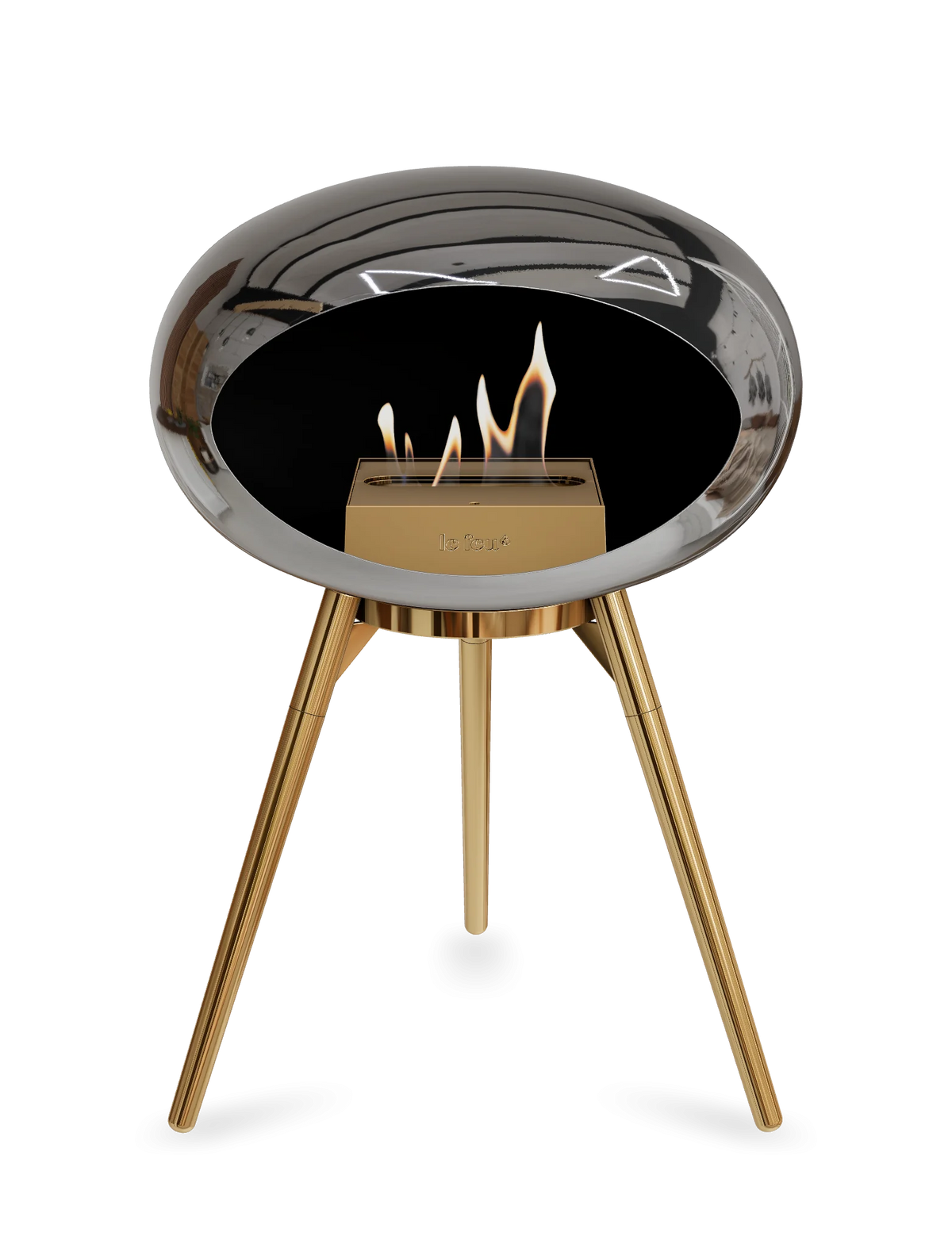 Bioethanol Standkamin Le Feu GROUND LOW freistehend in Chrom Silber mit Brennschale, Standfüßen und Brenner in Roségold