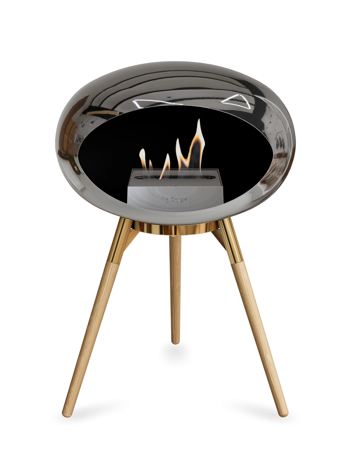 Bioethanol Standkamin Le Feu GROUND LOW freistehend in Chrom Silber mit Brennschale in Roségold, Standfüßen aus seifenbehandelter Eiche und Brenner in Edelstahl