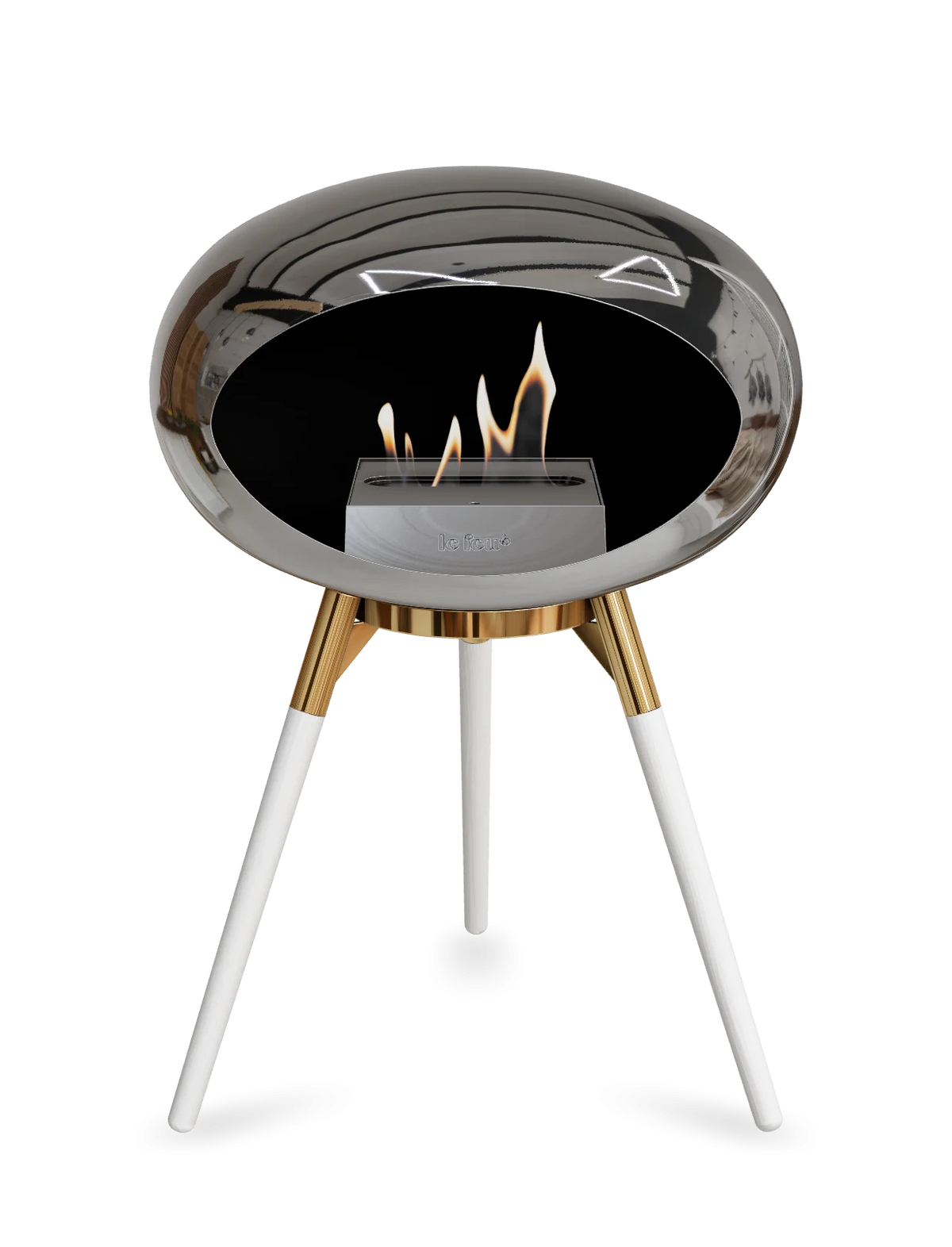 Bioethanol Standkamin Le Feu GROUND LOW freistehend in Chrom Silber mit Brennschale in Roségold, Standfüßen aus weißer Eiche und Brenner in Edelstahl