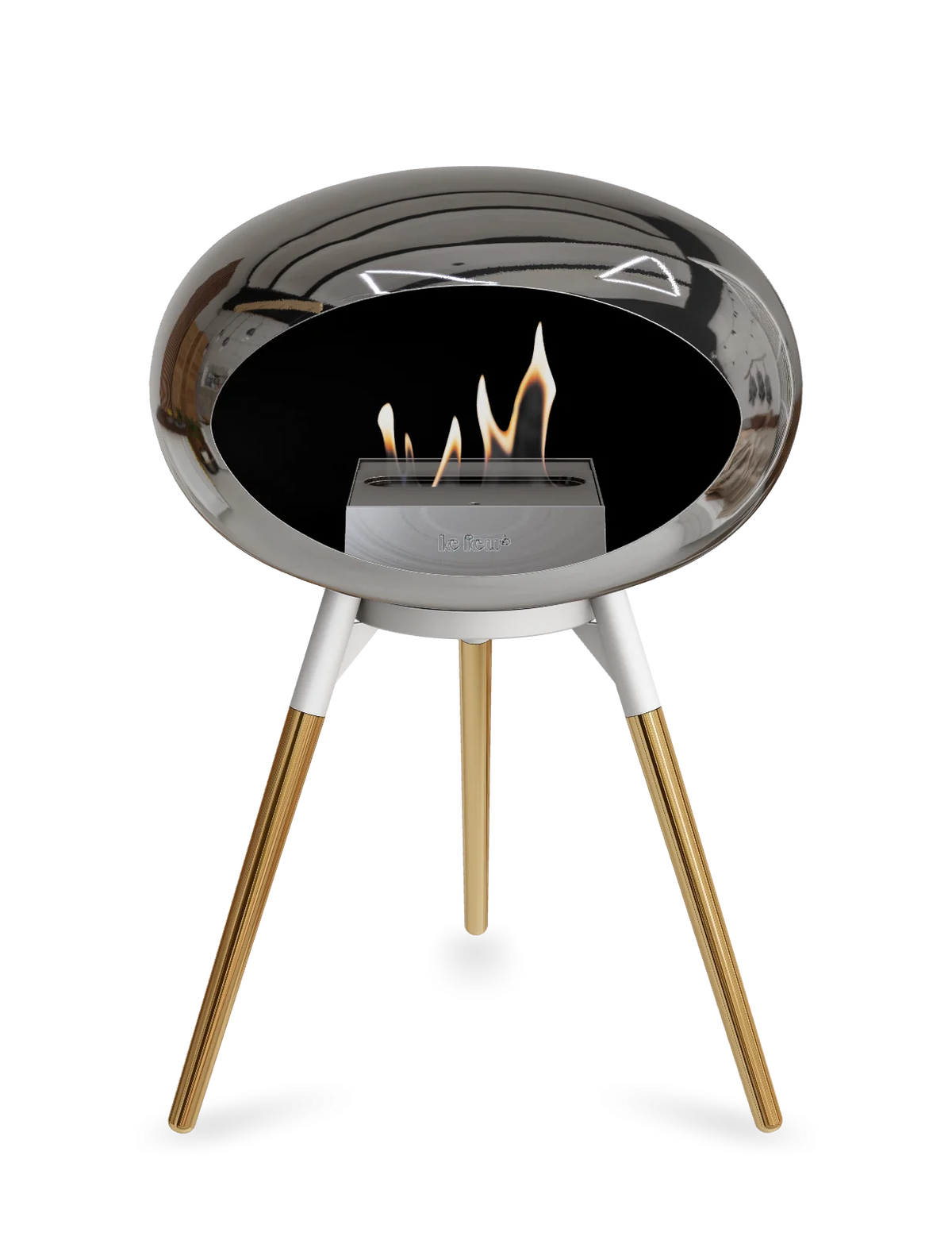 Bioethanol Standkamin Le Feu GROUND LOW freistehend in Chrom Silber mit Brennschale in Weiß, Standfüßen in Roségold und Brenner in Edelstahl