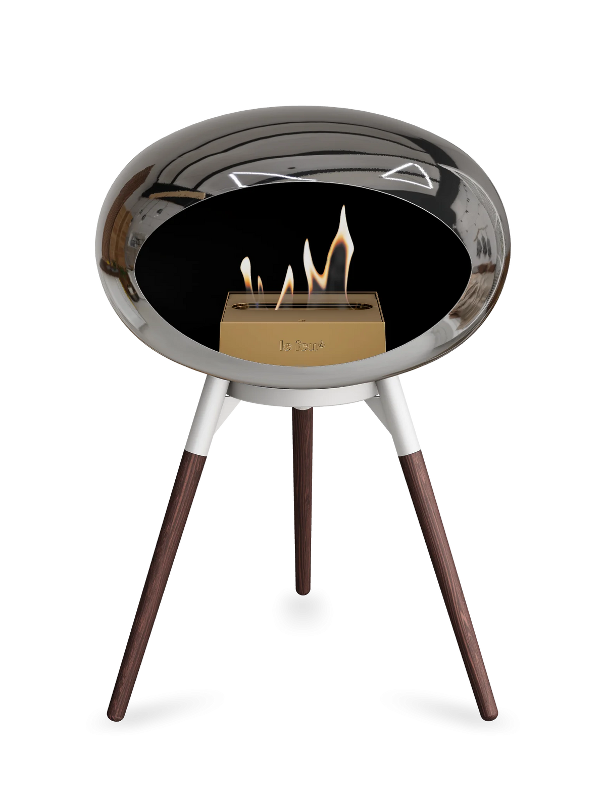 Bioethanol Standkamin Le Feu GROUND LOW freistehend in Chrom Silber mit Brennschale in Weiß, Standfüßen aus geräucherter Eiche und Brenner in Roségold