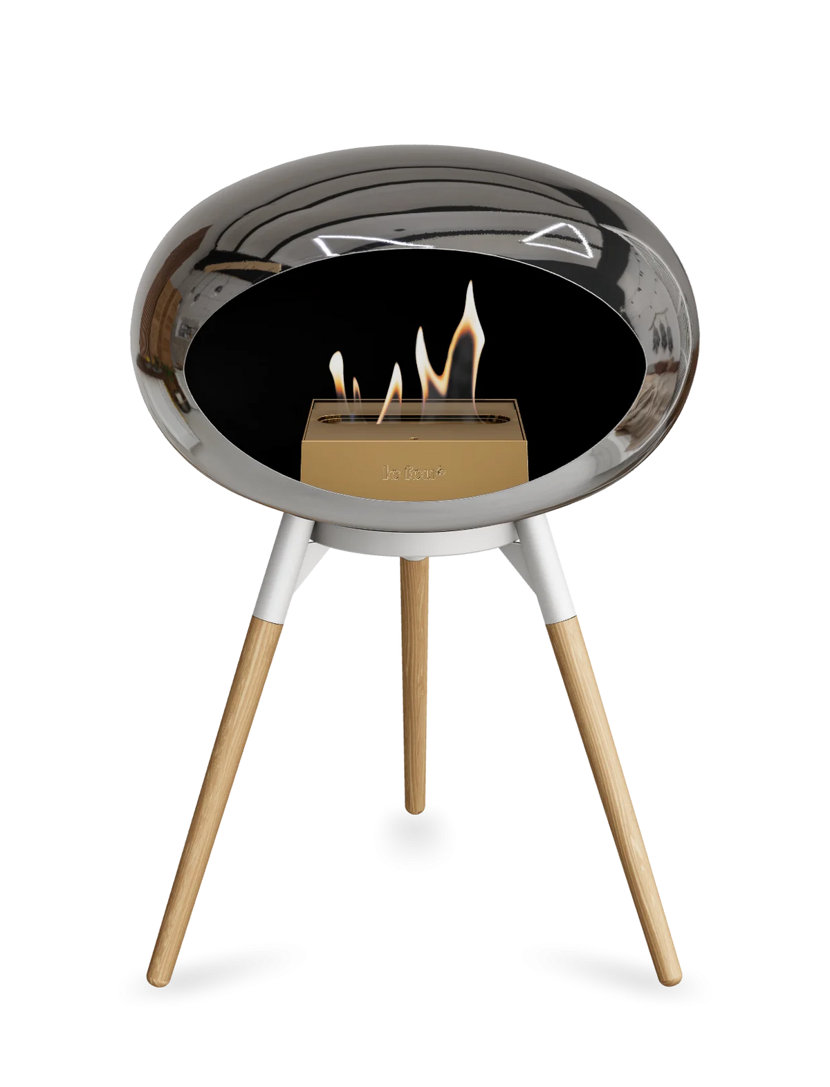 Bioethanol Standkamin Le Feu GROUND LOW freistehend in Chrom Silber mit Brennschale in Weiß, Standfüßen aus seifenbehandelter Eiche und Brenner in Roségold