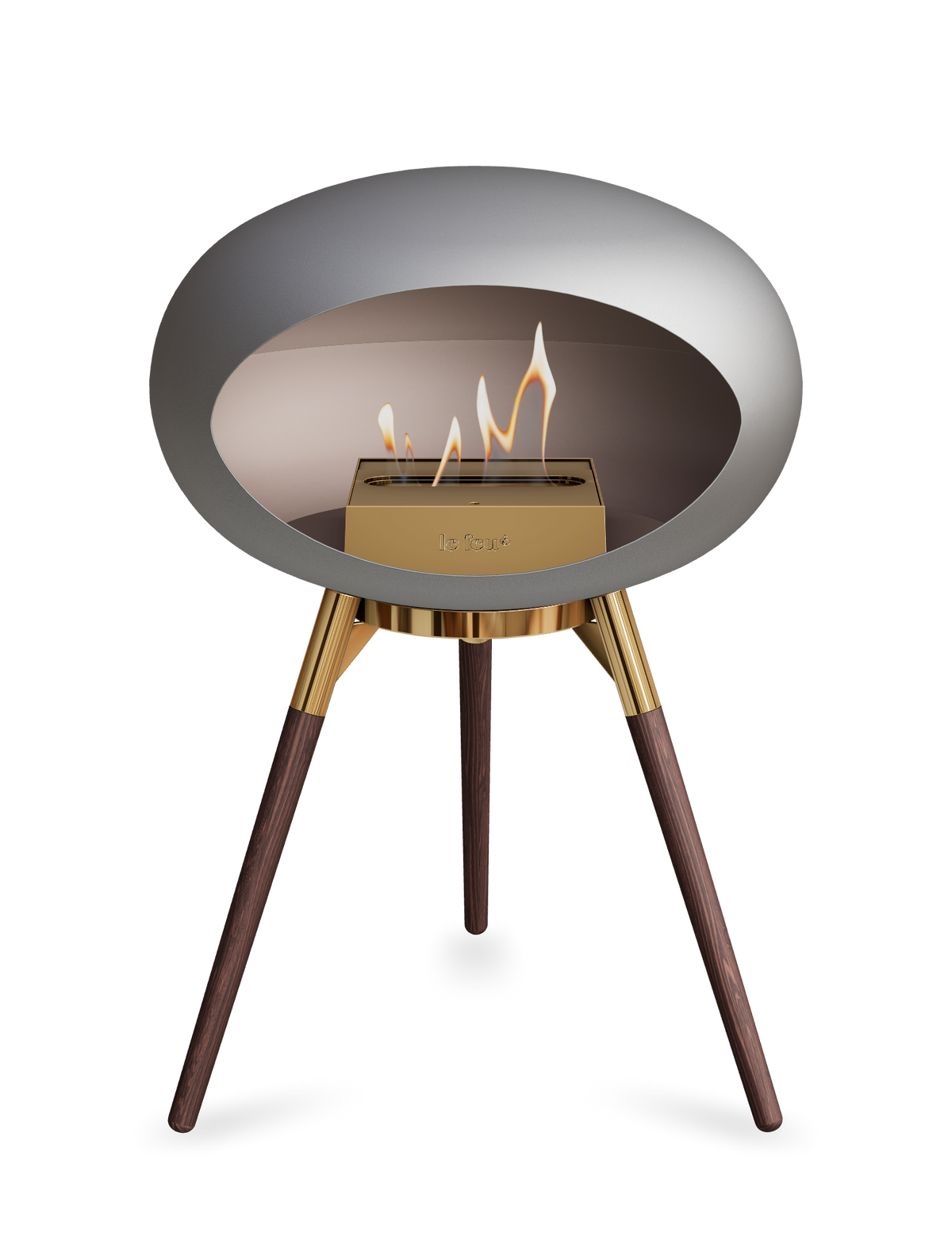 Bioethanol Standkamin Le Feu GROUND LOW freistehend in Nickel mit Brennschale in Roségold, Standfüßen aus geräucherter Eiche und Brenner in Roségold