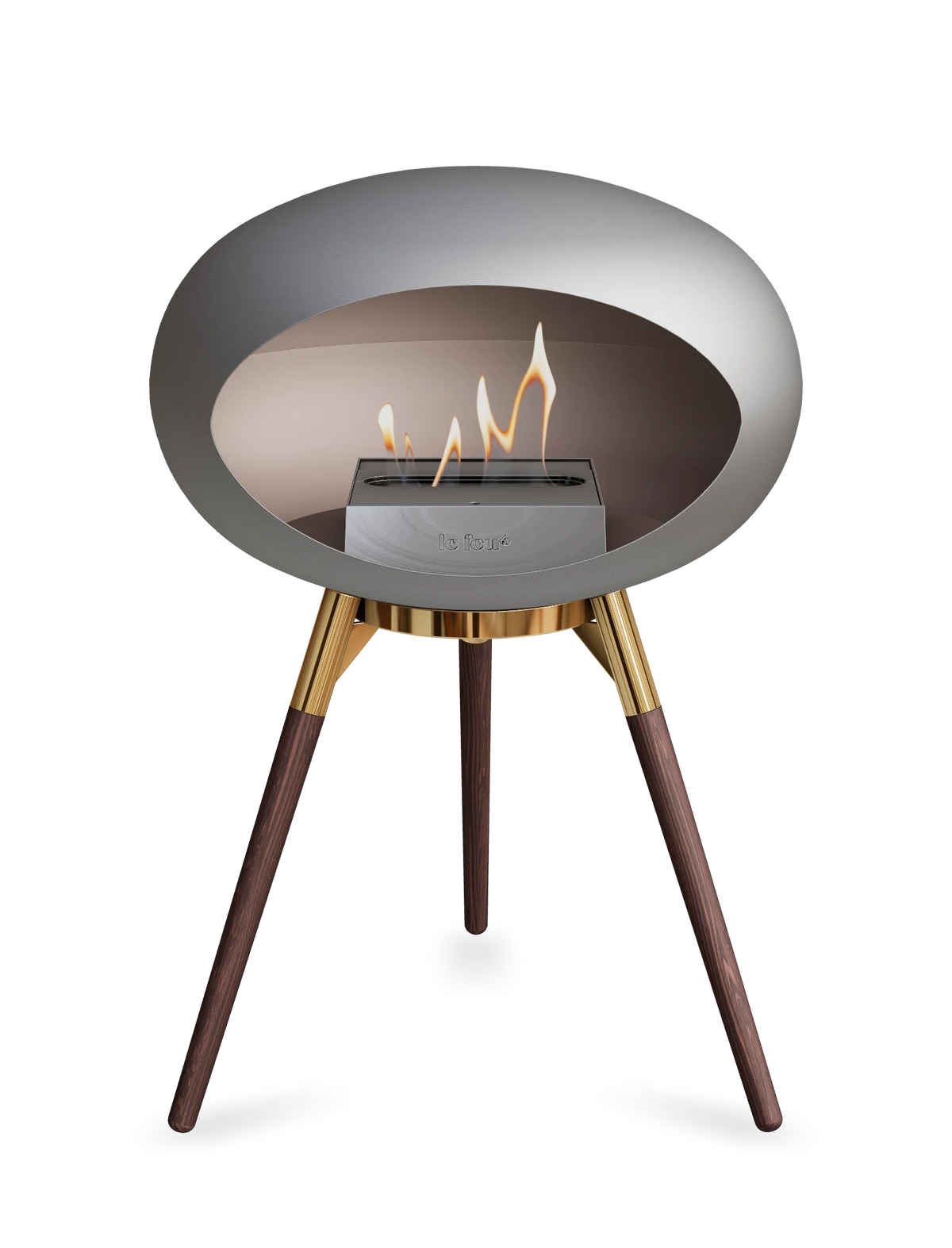 Bioethanol Standkamin Le Feu GROUND LOW freistehend in Nickel mit Brennschale in Roségold, Standfüßen aus geräucherter Eiche und Brenner in Edelstahl