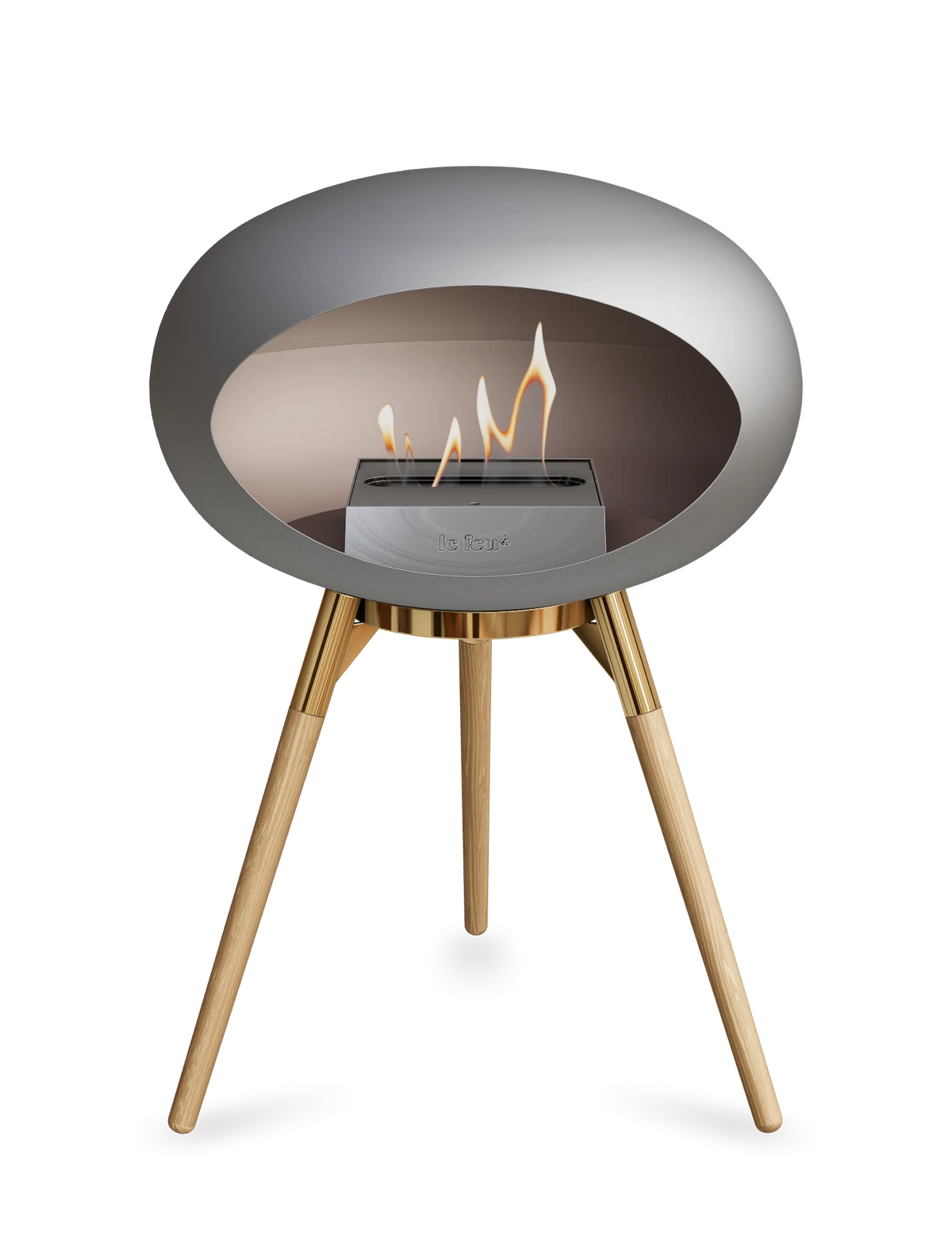 Bioethanol Standkamin Le Feu GROUND LOW freistehend in Nickel mit Brennschale in Roségold, Standfüßen aus seifenbehandelter Eiche und Brenner in Edelstahl