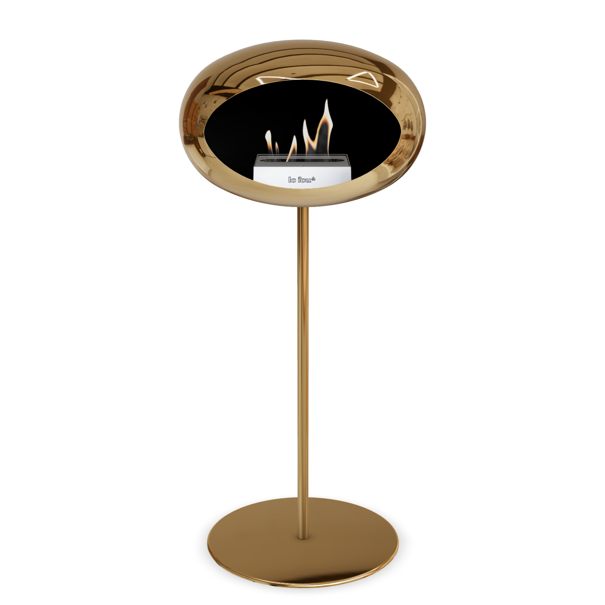 Bioethanol Standkamin Le Feu GROUND STEEL HIGH freistehend 25 mm in Chrom Roségold mit Rohr Roségold, Brenner Edelstahl und Bodenplatte Roségold
